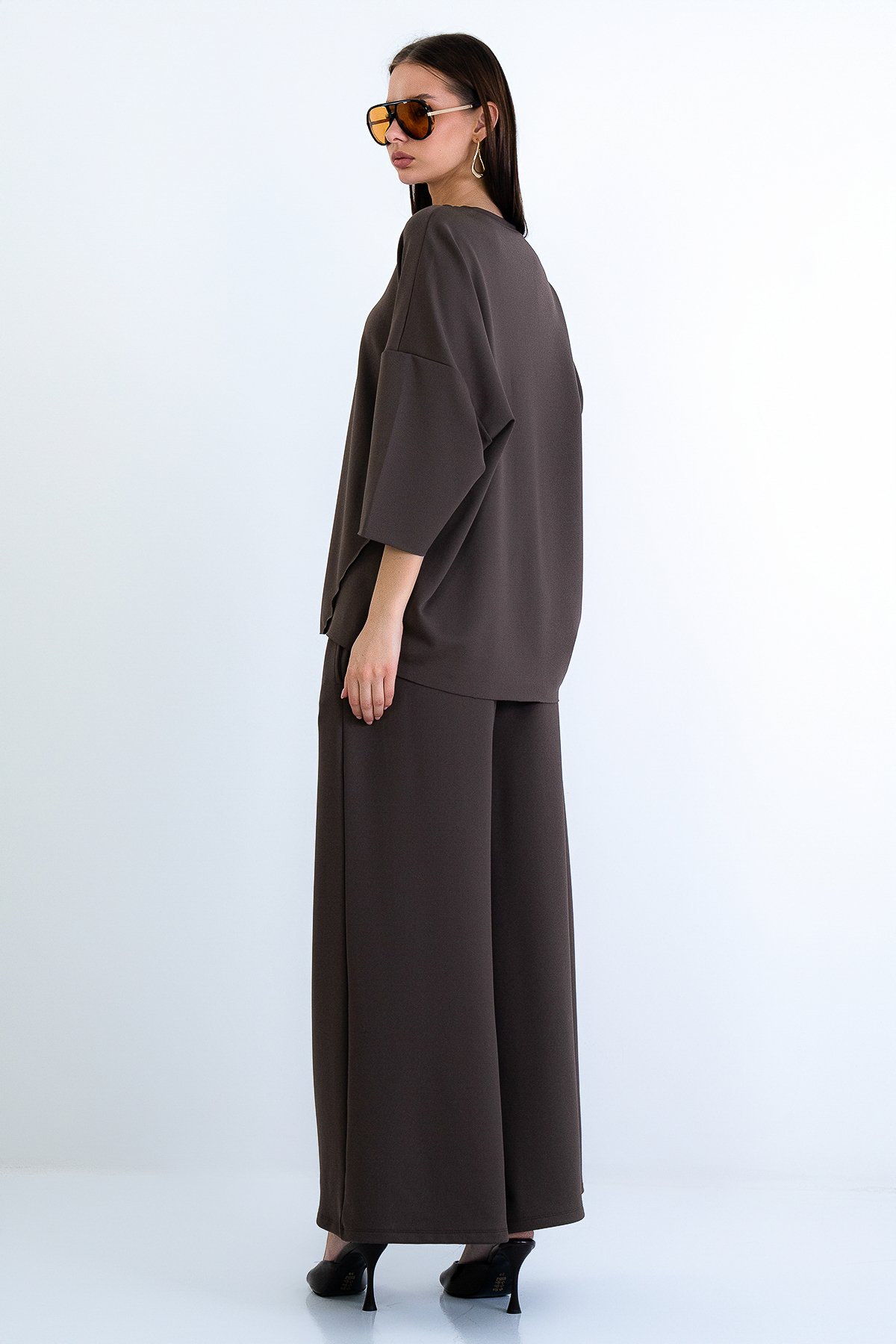 Kadın Kahverengi Bisiklet Yaka Truvakar Kol Modal Bluz Ve Çift Cepli Pantolon Takım Alc-X15234