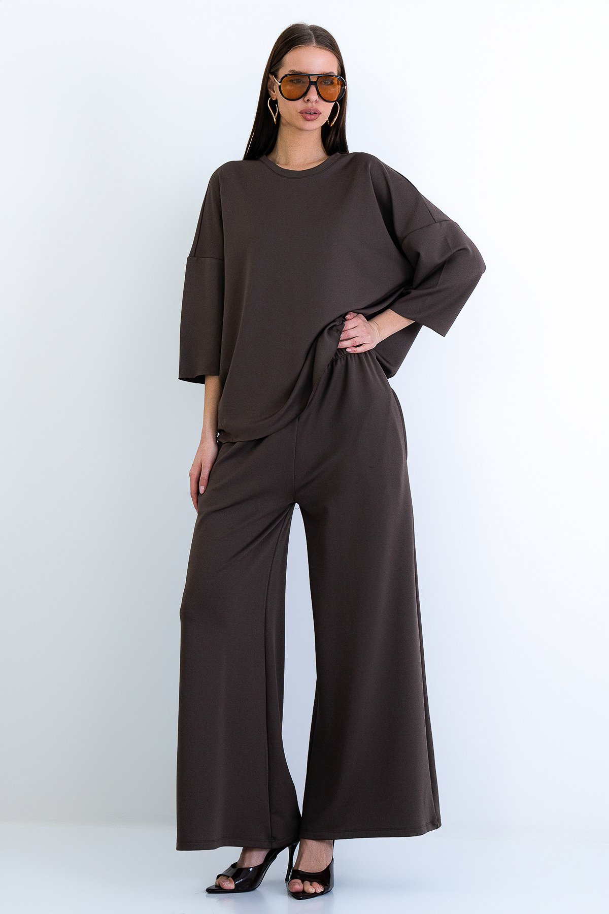 Kadın Kahverengi Bisiklet Yaka Truvakar Kol Modal Bluz Ve Çift Cepli Pantolon Takım Alc-X15234