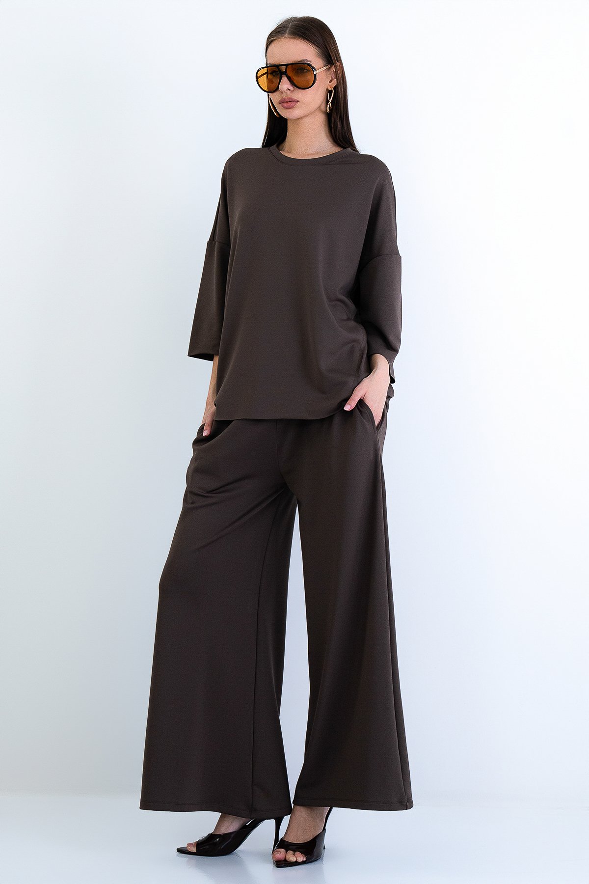 Kadın Kahverengi Bisiklet Yaka Truvakar Kol Modal Bluz Ve Çift Cepli Pantolon Takım Alc-X15234