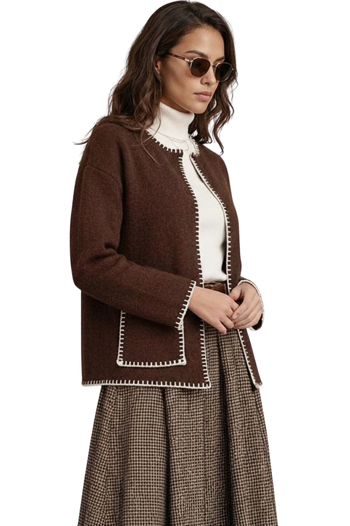 Kadın Kahverengi Çift Cepli Çoban Dikişli Triko Ceket Alc-X15312