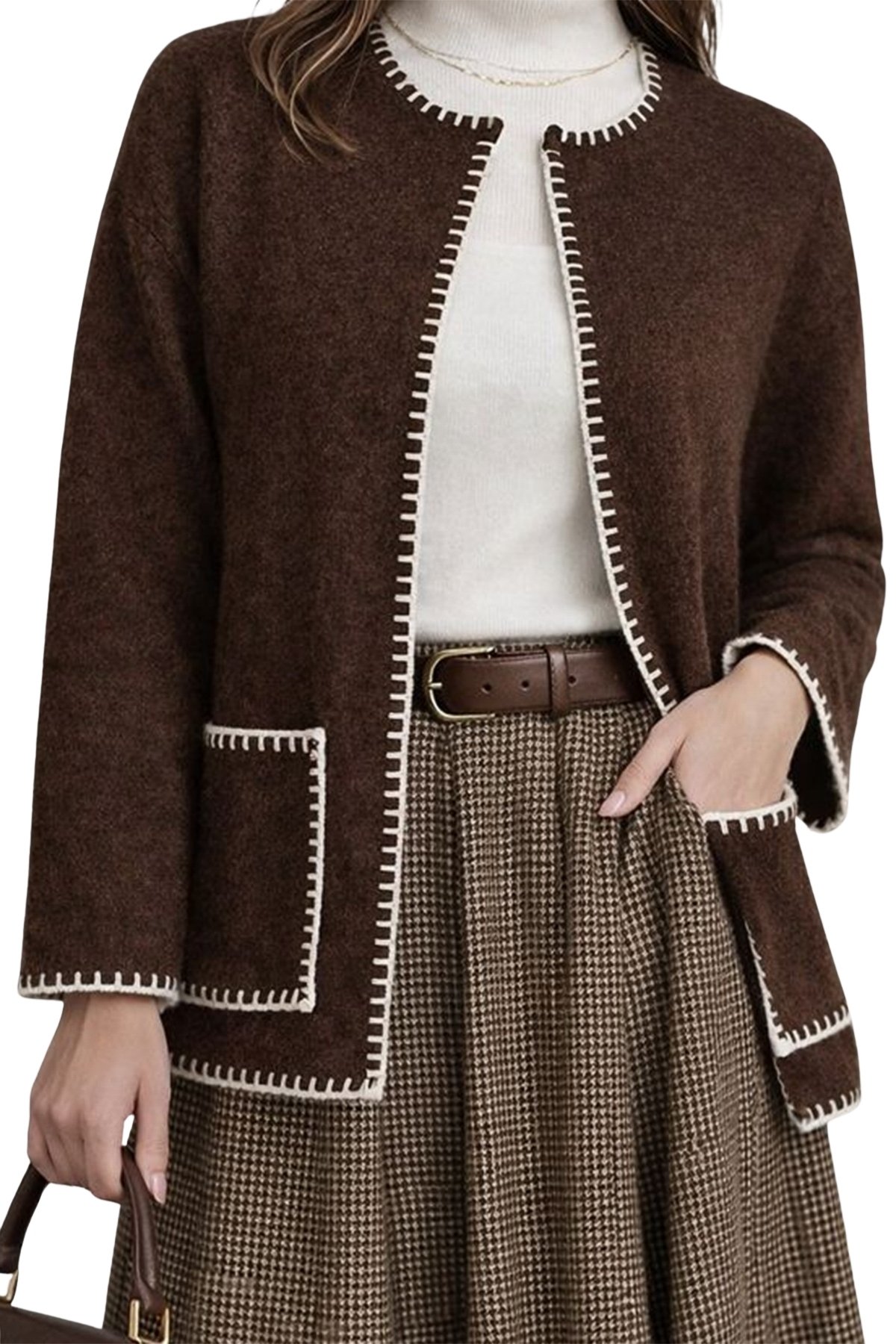 Kadın Kahverengi Çift Cepli Çoban Dikişli Triko Ceket Alc-X15312