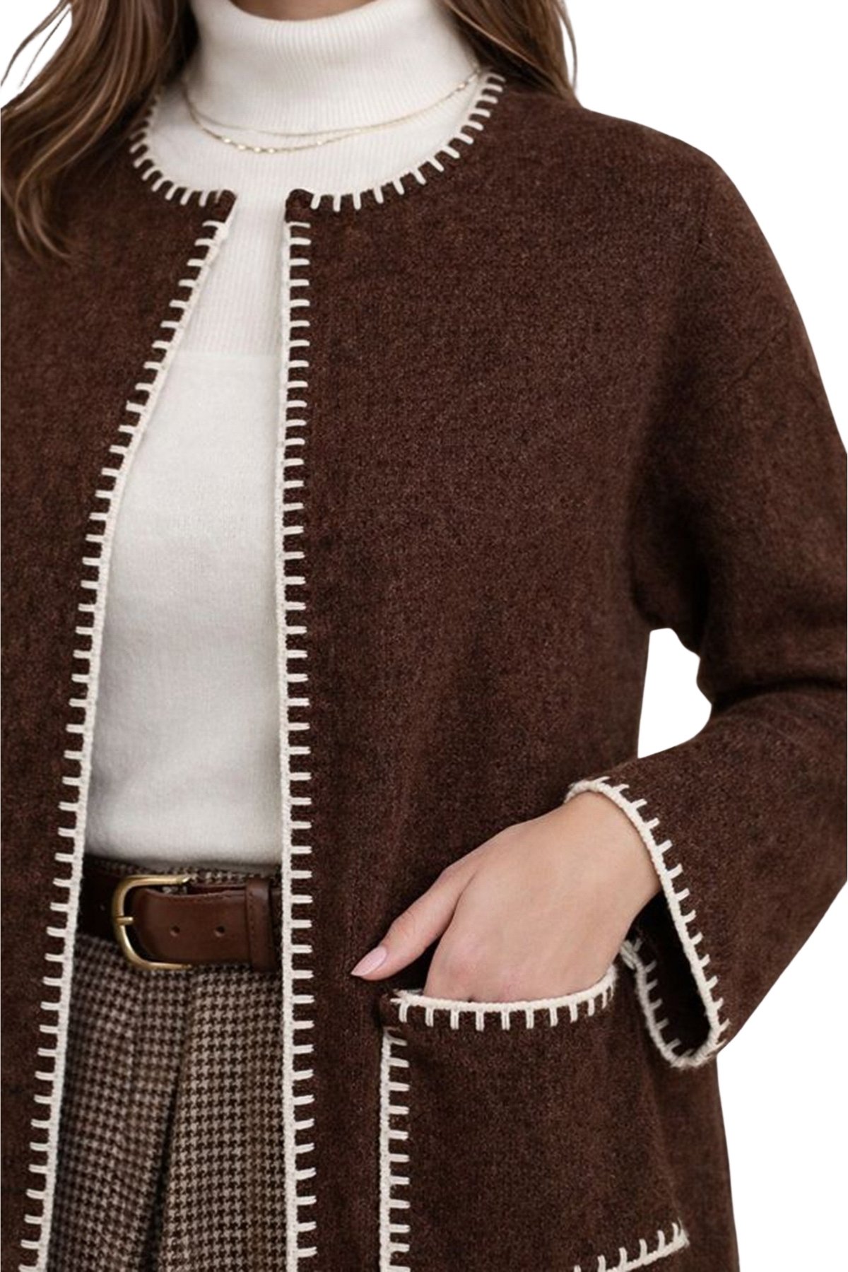 Kadın Kahverengi Çift Cepli Çoban Dikişli Triko Ceket Alc-X15312