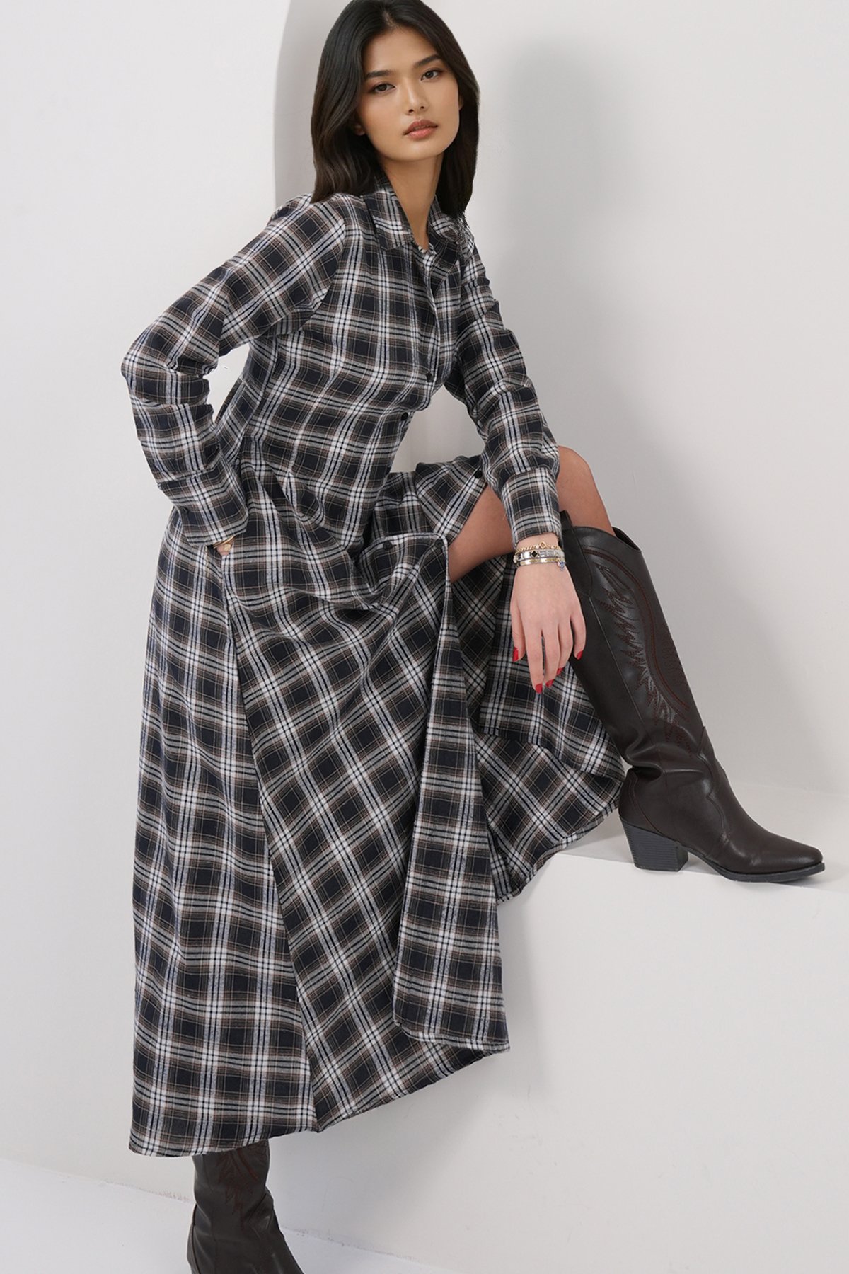 Kadın Kahverengi Çift Cepli Maxi Boy Pamuk Karışımlı Elbise Alc-X14912