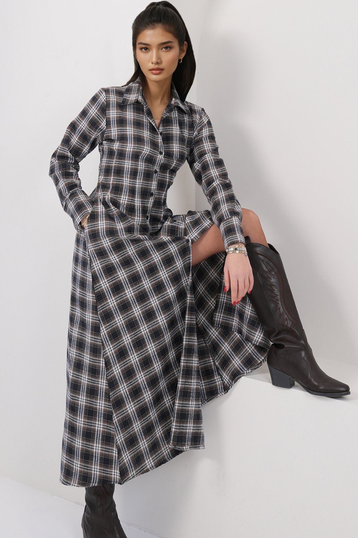 Kadın Kahverengi Çift Cepli Maxi Boy Pamuk Karışımlı Elbise Alc-X14912