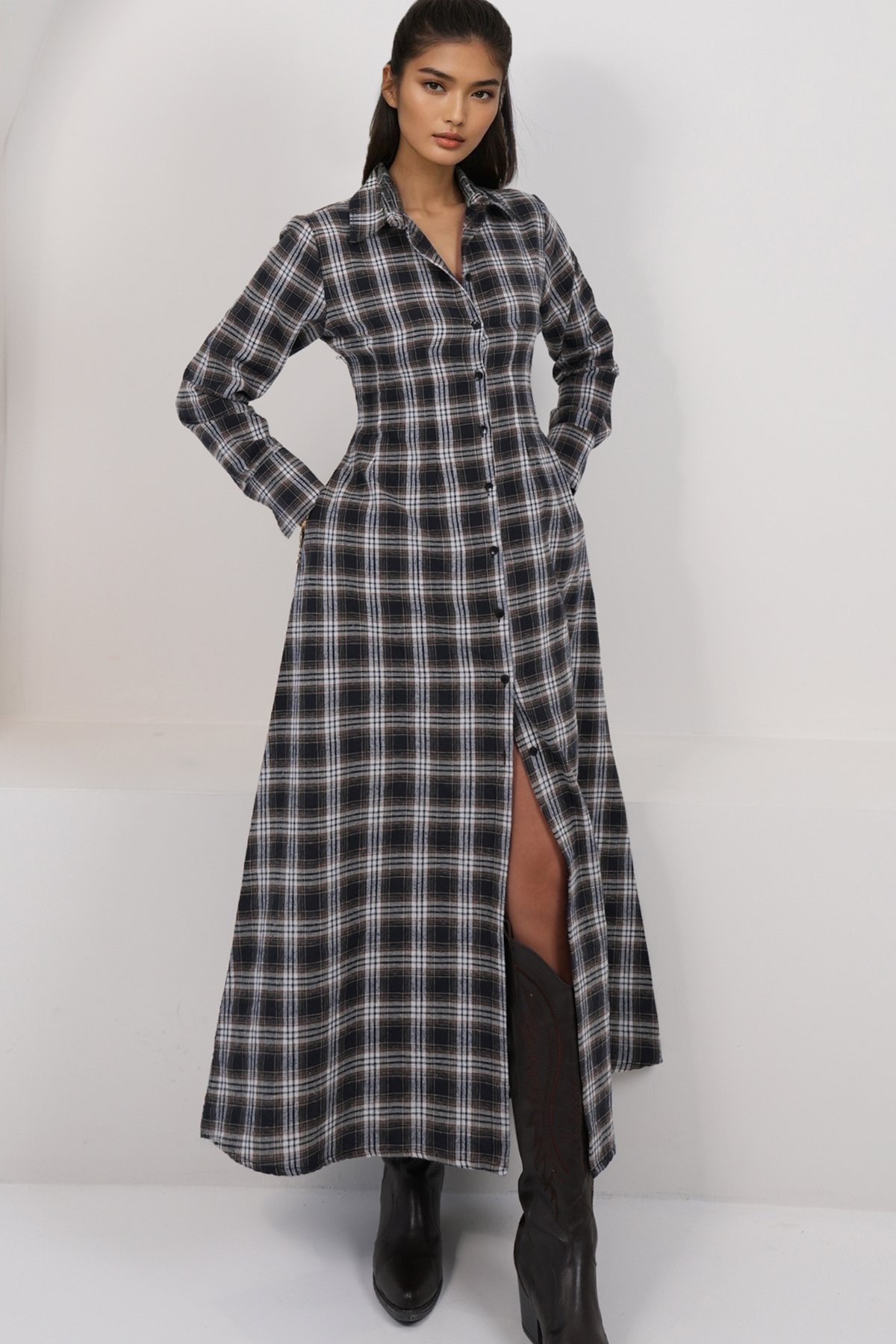 Kadın Kahverengi Çift Cepli Maxi Boy Pamuk Karışımlı Elbise Alc-X14912