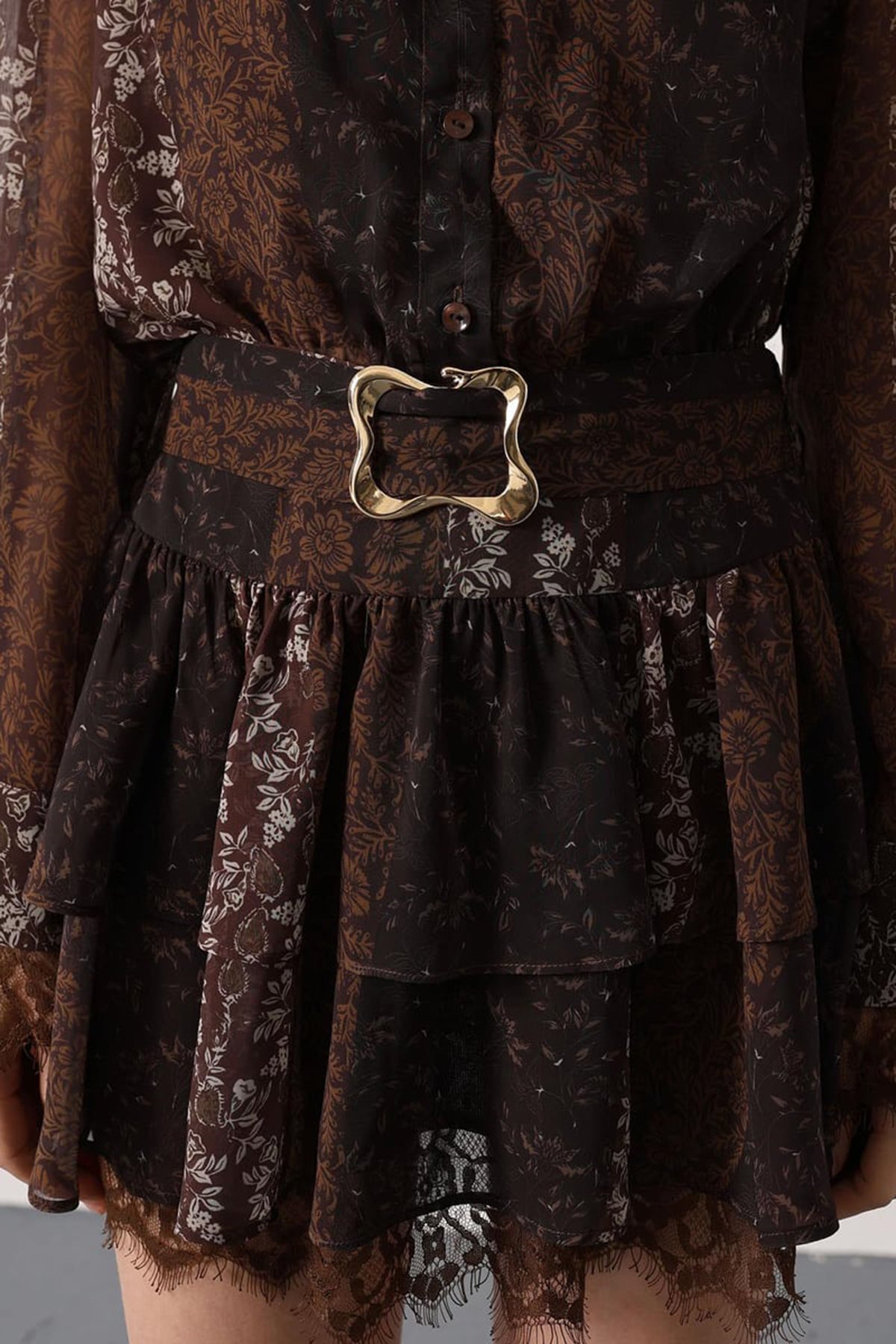 Kadın KAHVERENGİ Desenli Dantel Detaylı Mini Elbise ALC-X15073