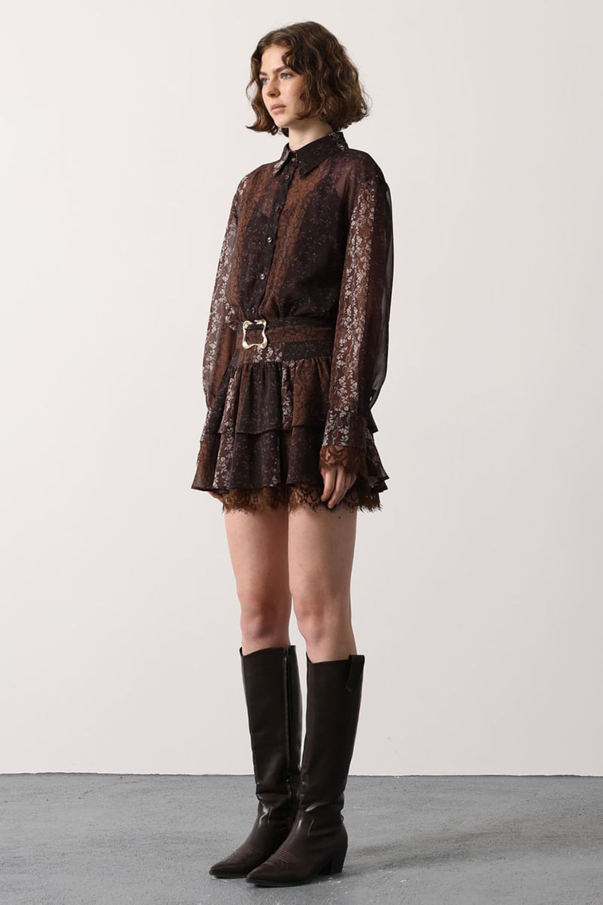 Kadın KAHVERENGİ Desenli Dantel Detaylı Mini Elbise ALC-X15073