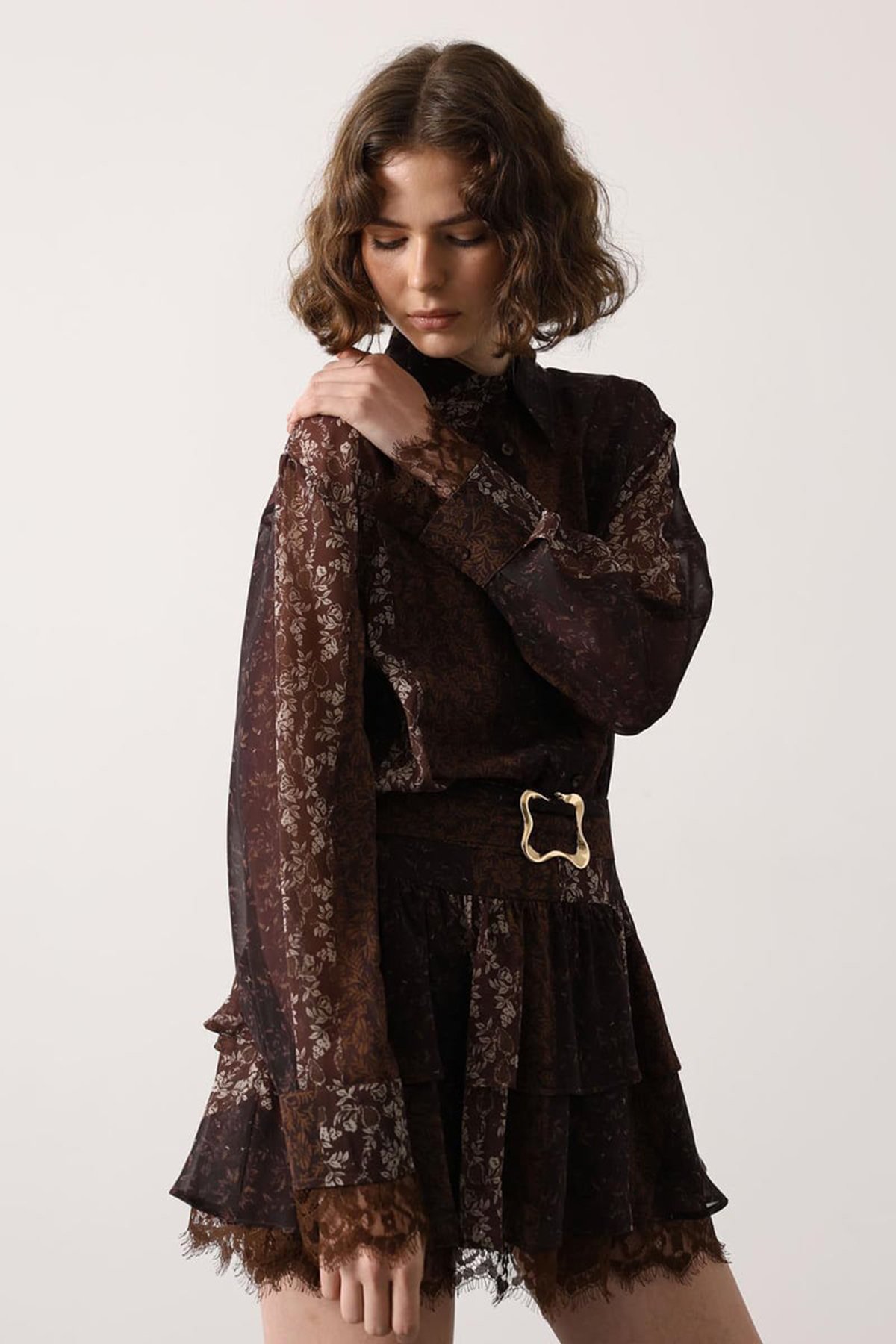 Kadın KAHVERENGİ Desenli Dantel Detaylı Mini Elbise ALC-X15073