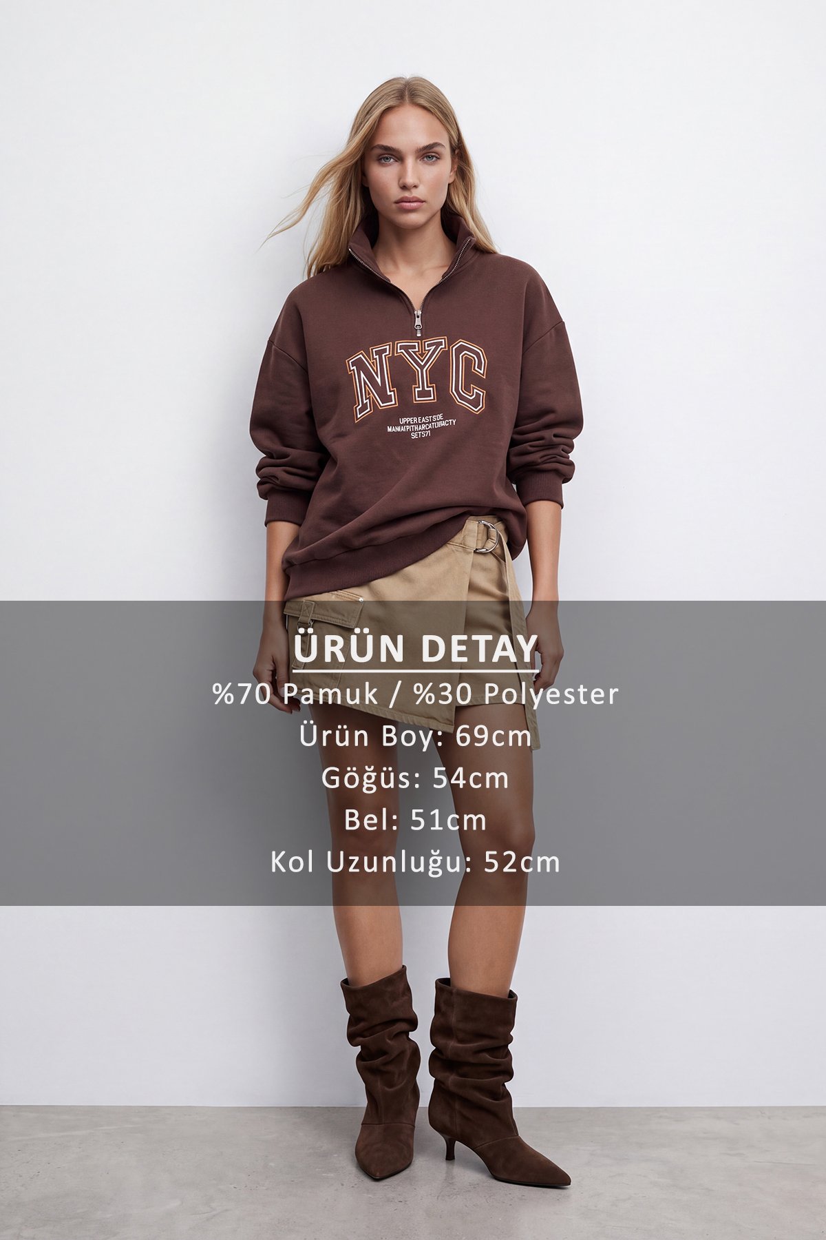 Kadın Kahverengi Dik Yaka Fermuarlı 3 İplik İçi Şardonlu Ve Nakışlı Sweatshirt Alc-X15725
