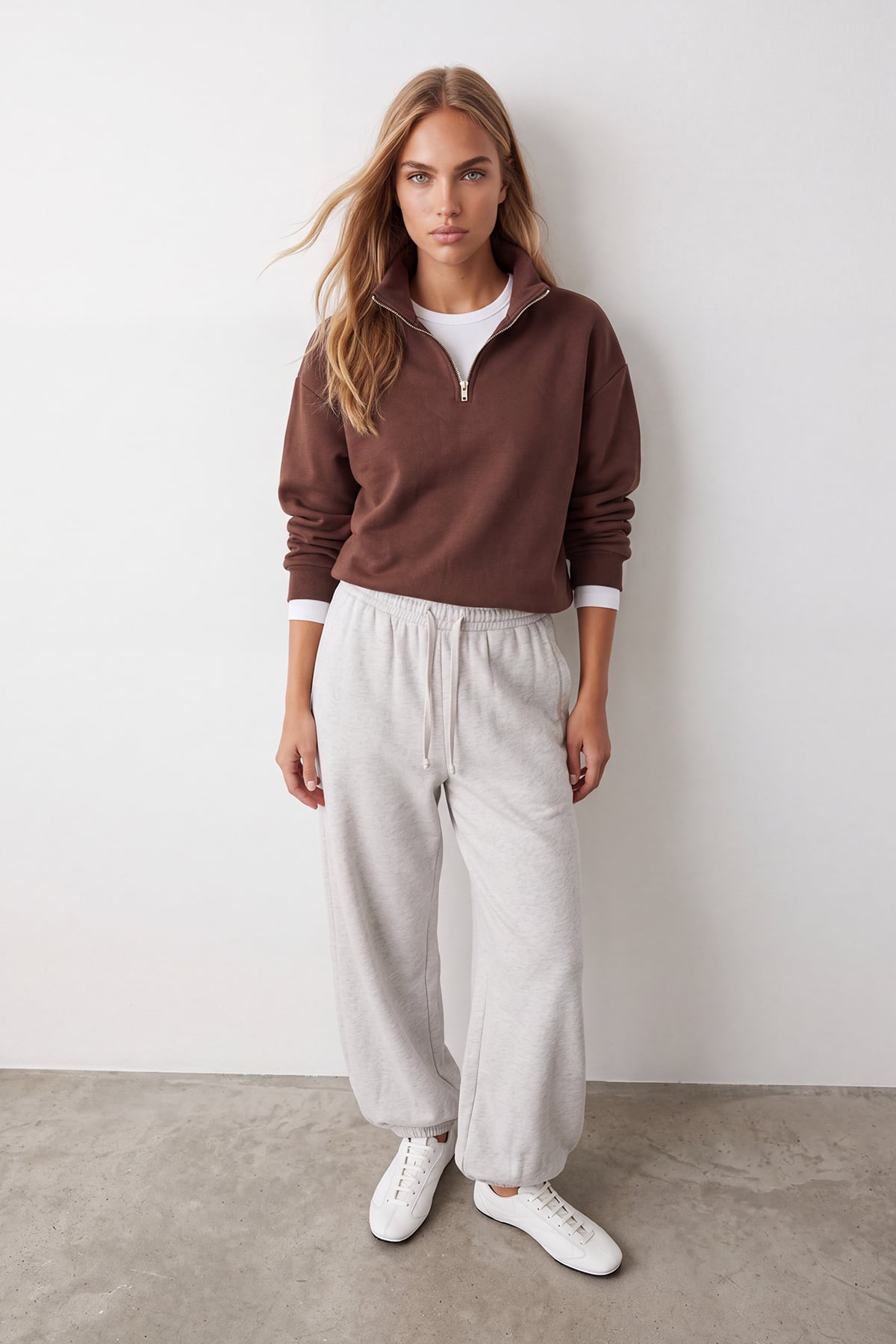 Kadın Kahverengi Dik Yaka Fermuarlı 3 İplik İçi Şardonlu Oversize Sweatshirt Alc-X15729