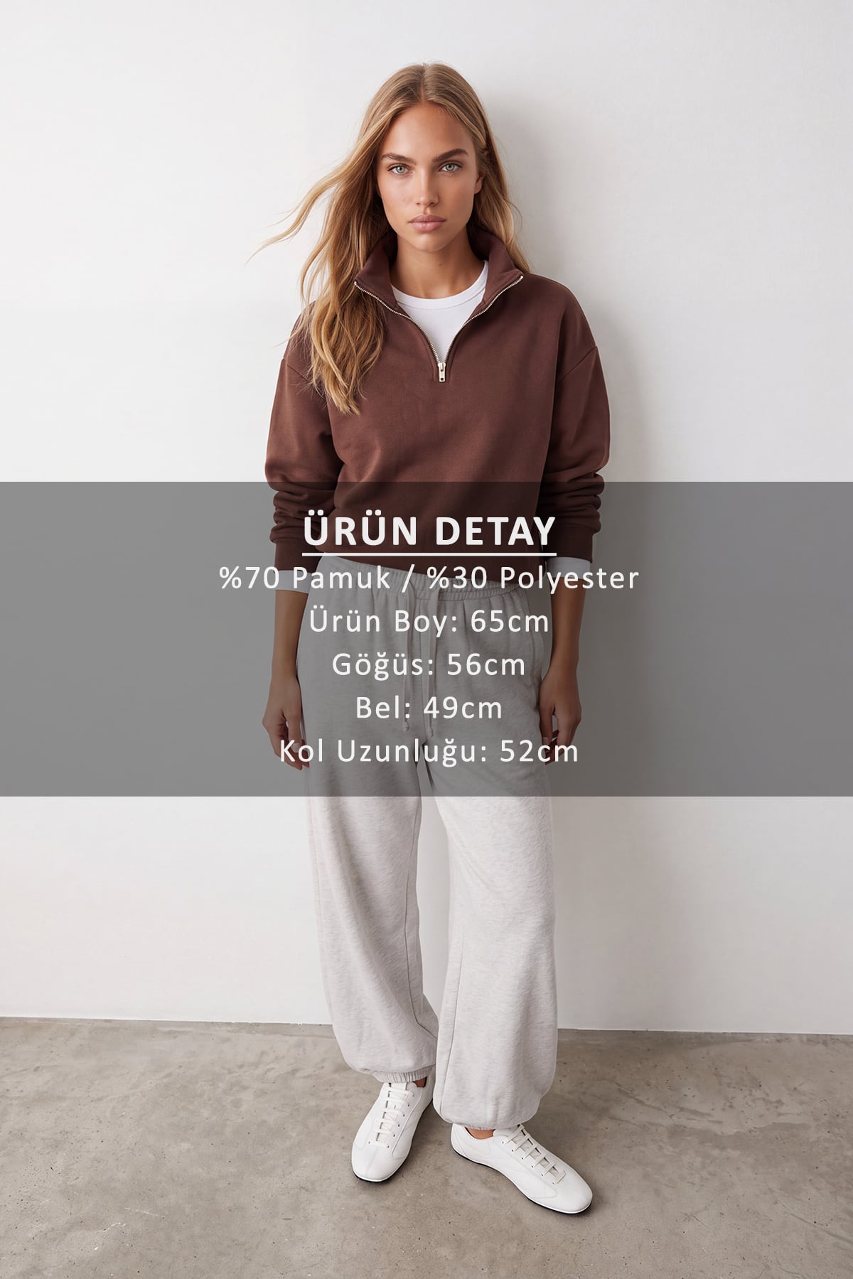 Kadın Kahverengi Dik Yaka Fermuarlı 3 İplik İçi Şardonlu Oversize Sweatshirt Alc-X15729