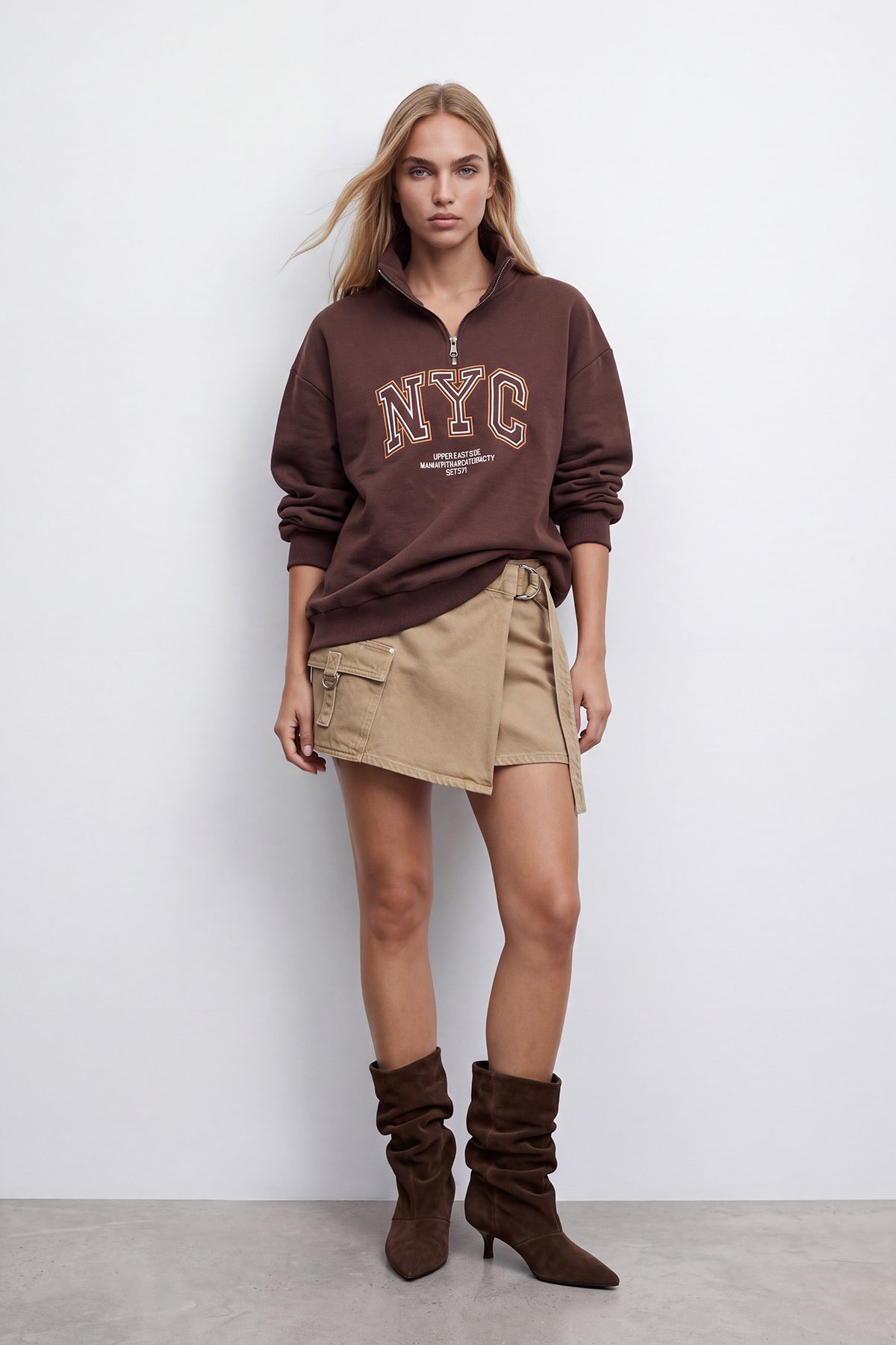 Kadın Kahverengi Dik Yaka Fermuarlı 3 İplik İçi Şardonlu Ve Nakışlı Sweatshirt Alc-X15725