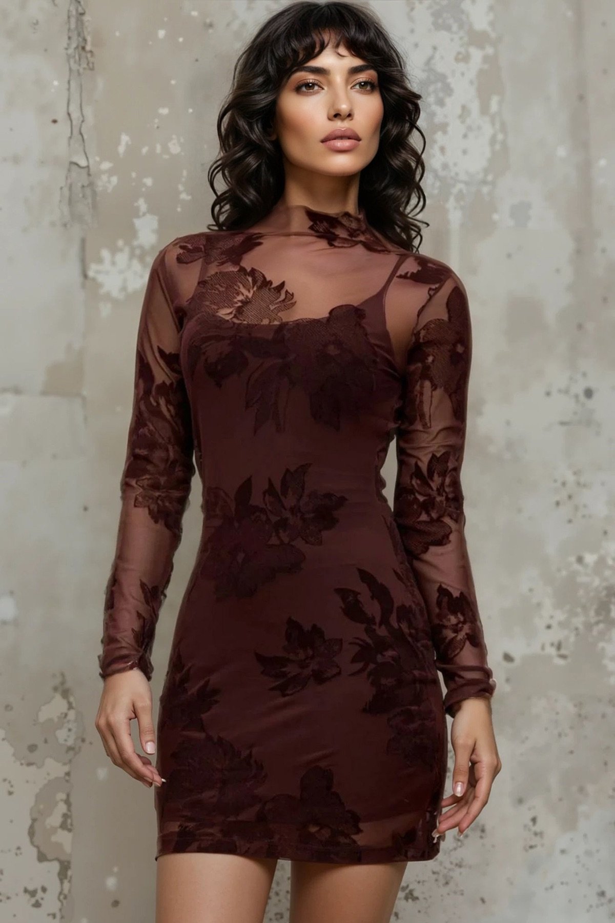 Kadın Kahverengi Dik Yaka İçi Askılı Örme Dışı Tül Mini Elbise Alc-X14951