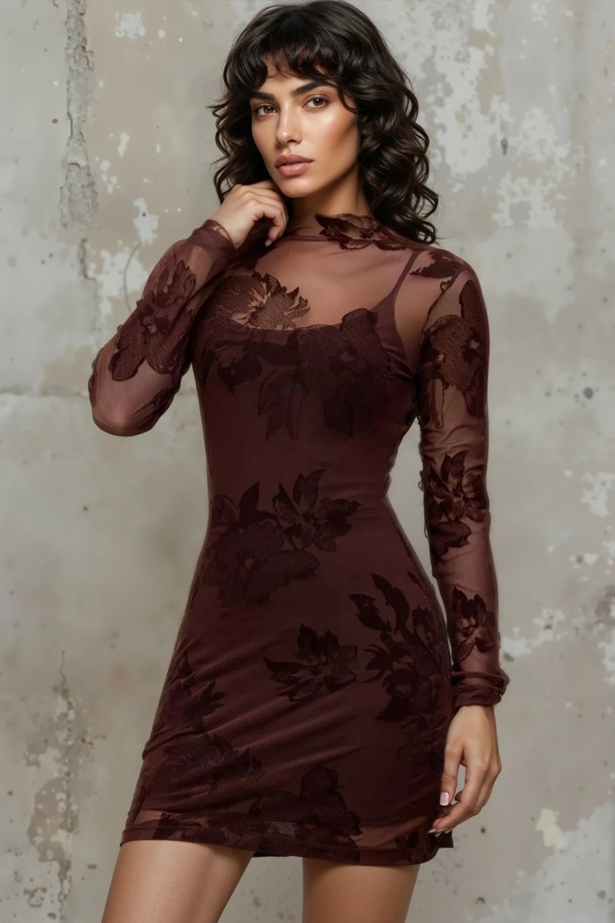 Kadın Kahverengi Dik Yaka İçi Askılı Örme Dışı Tül Mini Elbise Alc-X14951