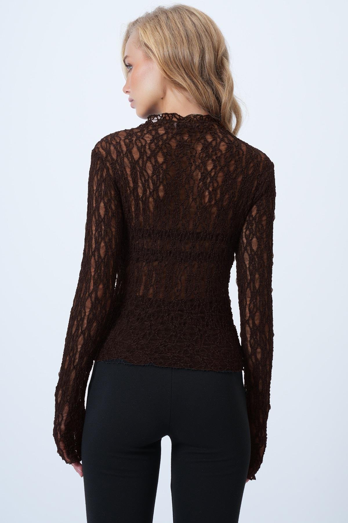 Kadın Kahverengi Dik Yaka Likralı Dantel Bluz ALC-X14522