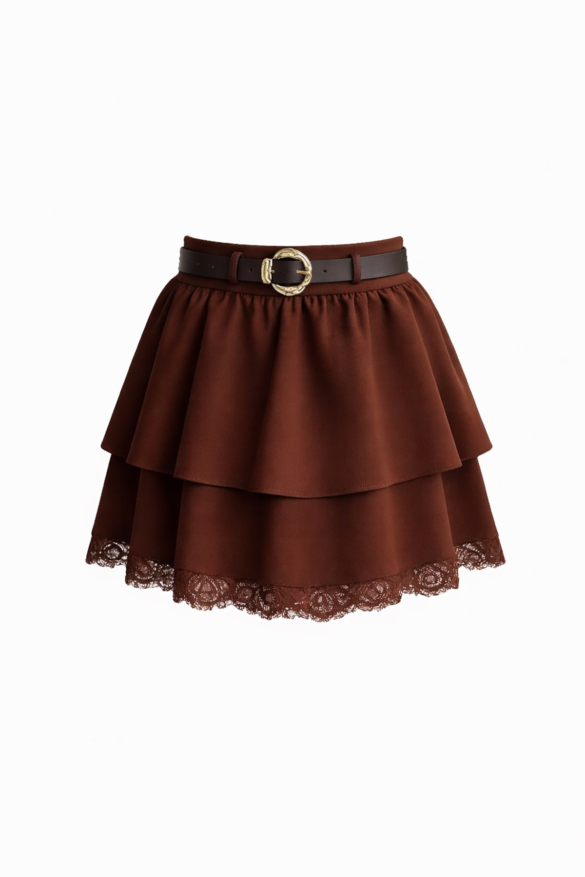 Kadın Kahverengi Fermuarlı Kat Kat Volanlı Dantel Detaylı Mini Etek Alc-X15193