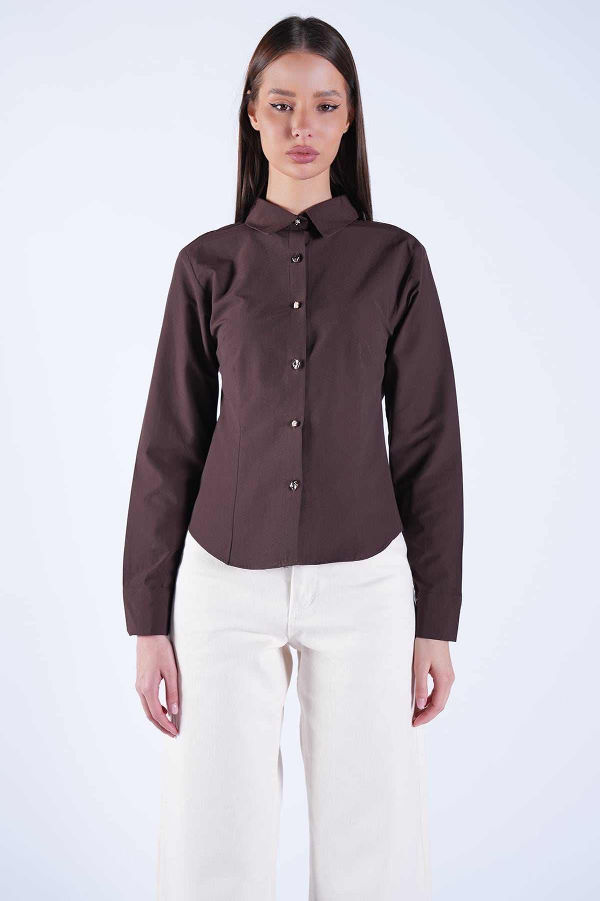 Kadın Kahverengi Gold İnci Düğme Detaylı Pensli Slim Fit Poplin Gömlek Alc-X15114