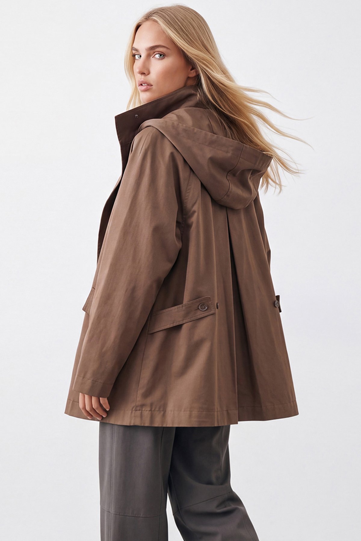 Kadın KAHVERENGİ Kapişonlu Gizli Patlı Oversize Trençkot ALC-X15637