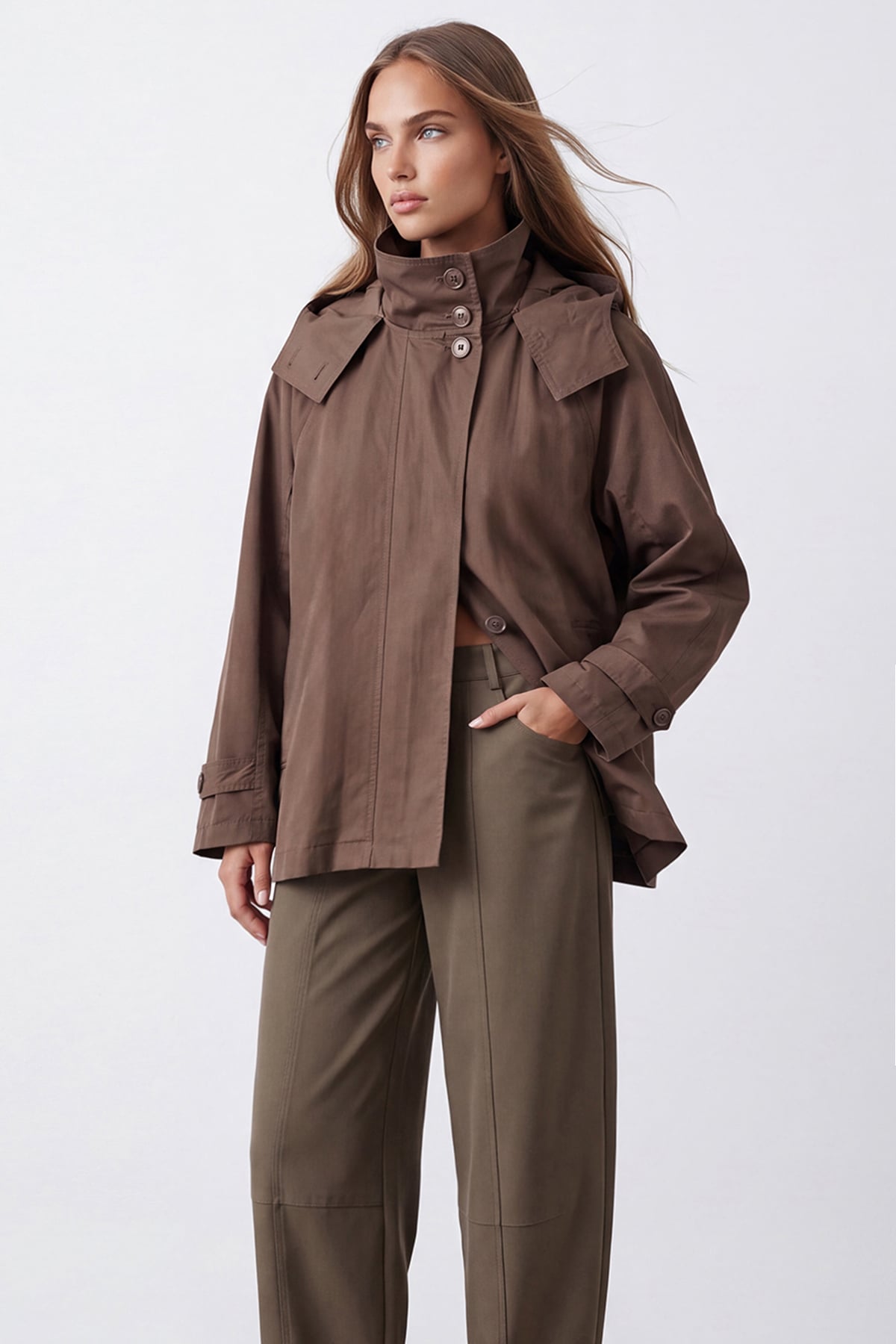 Kadın KAHVERENGİ Kapişonlu Gizli Patlı Oversize Trençkot ALC-X15637