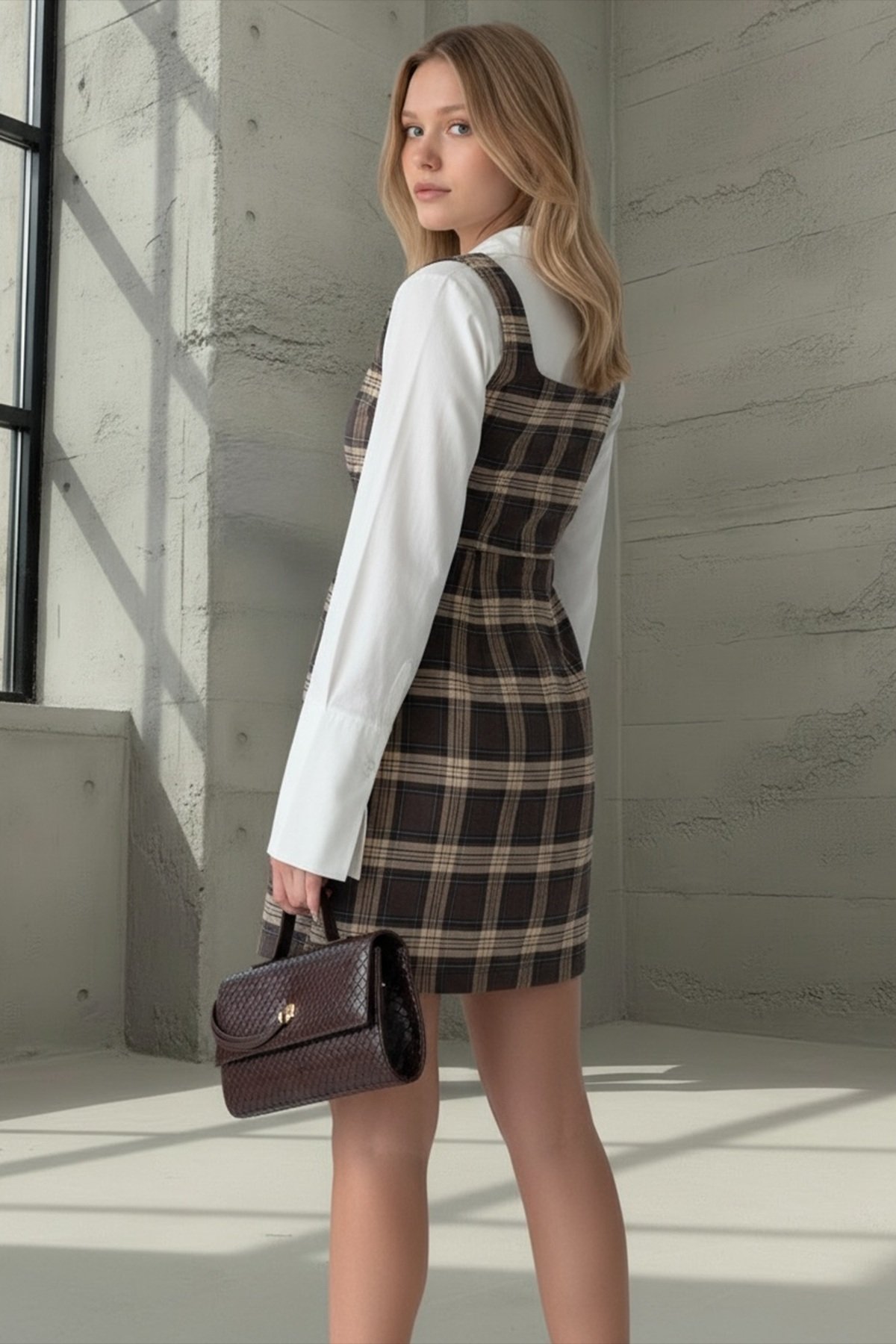 Kadın KAHVERENGİ KARE YAKA EKOSE DESENLİ DOKUMA MİNİ JİLE ELBİSE ALC-X15311
