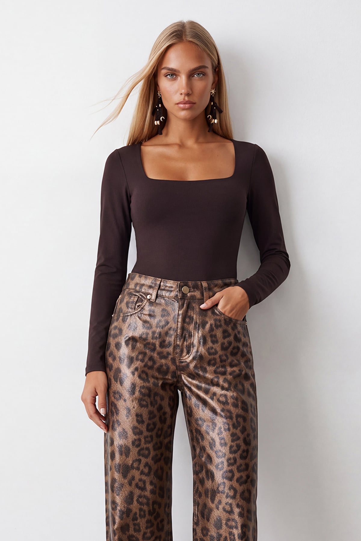 Kadın Kahverengi Kare Yaka Tulumlu Alttan Çıtçıtlı Bodysuit Alc-X14390