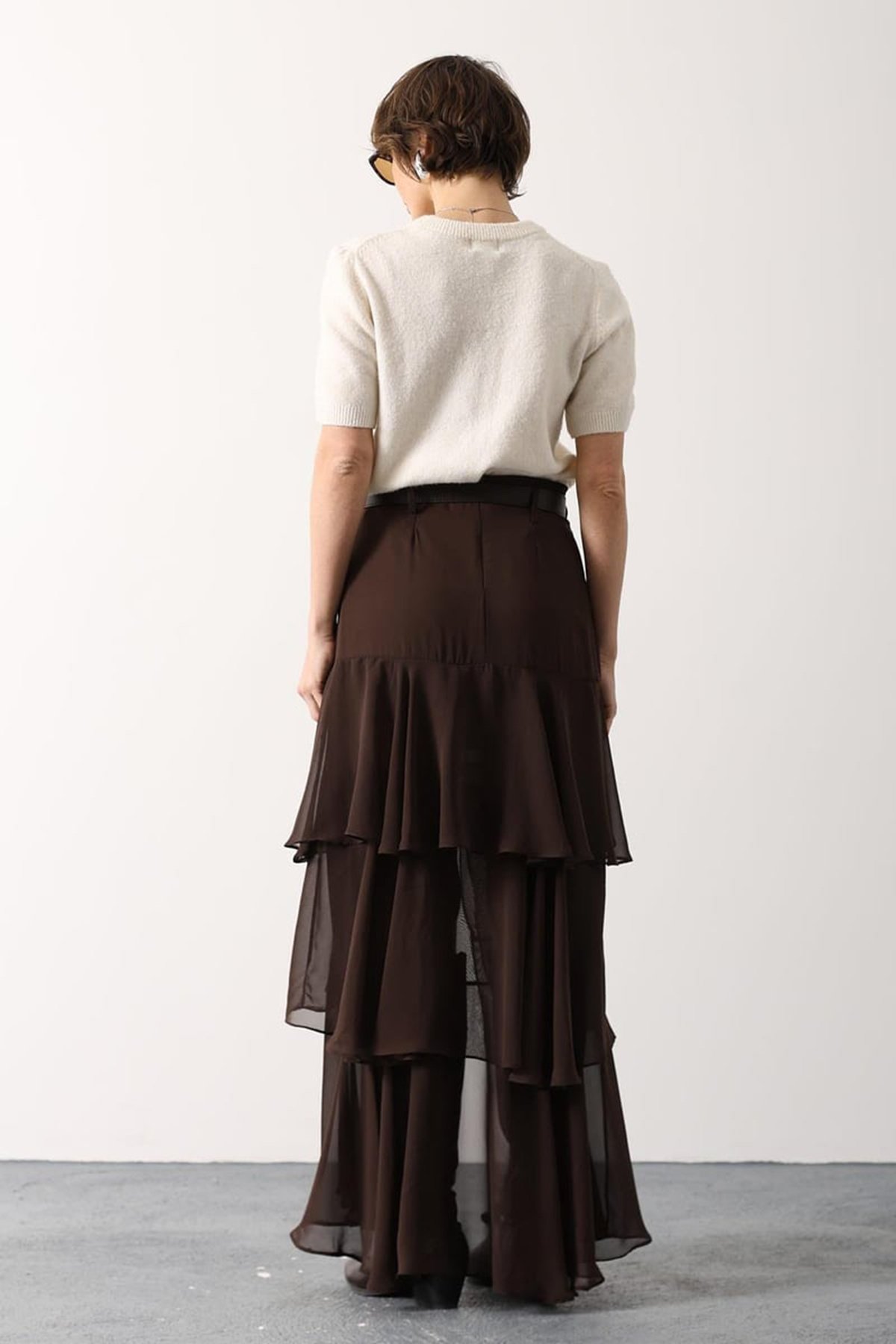 Kadın Kahverengi Kat Kat Volanlı İçi Yarım Astarlı Yırtmaçlı Şifon Etek Alc-X15207