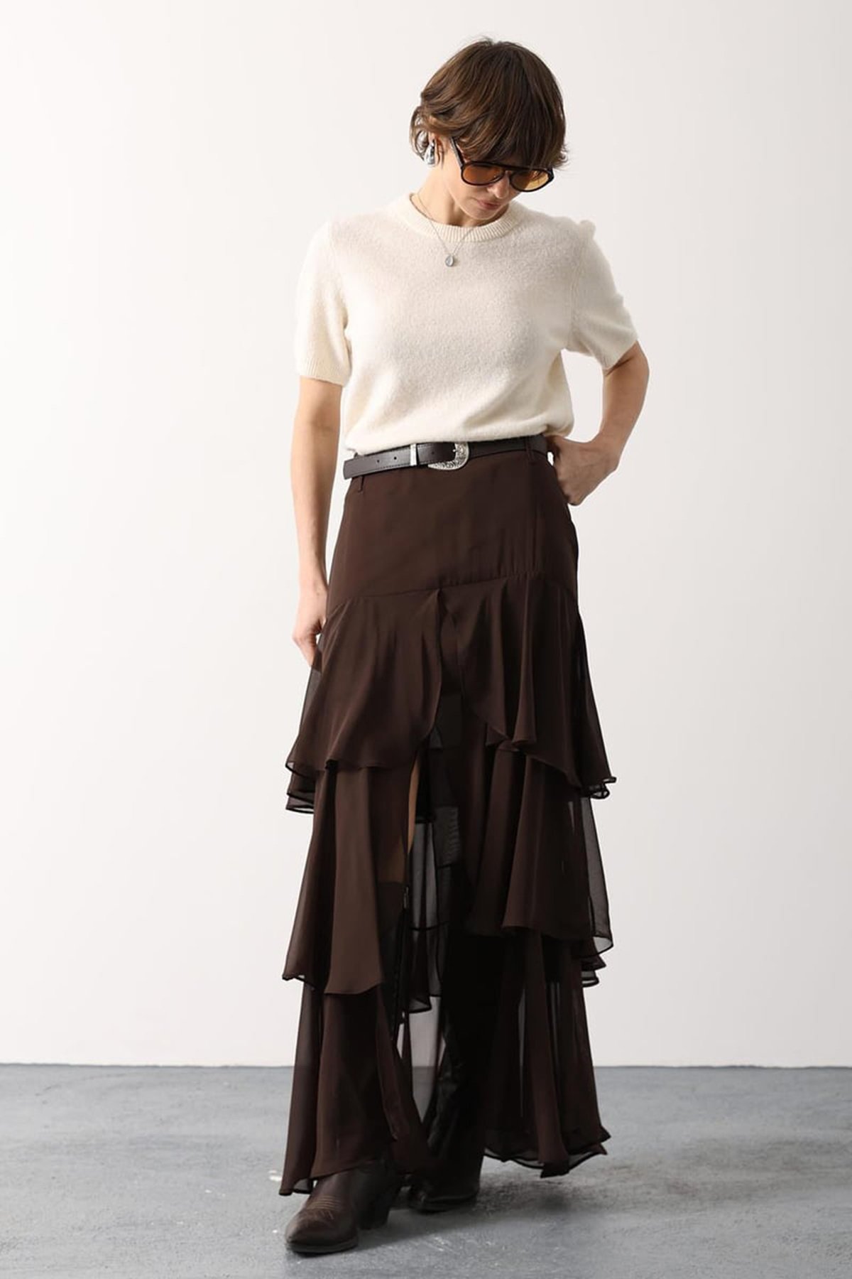 Kadın Kahverengi Kat Kat Volanlı İçi Yarım Astarlı Yırtmaçlı Şifon Etek Alc-X15207