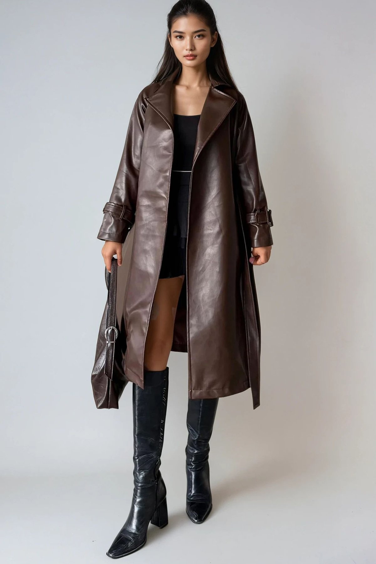 Kadın Kahverengi Kemer Detaylı Suni Deri Astarlı Trençkot Alc-X14819