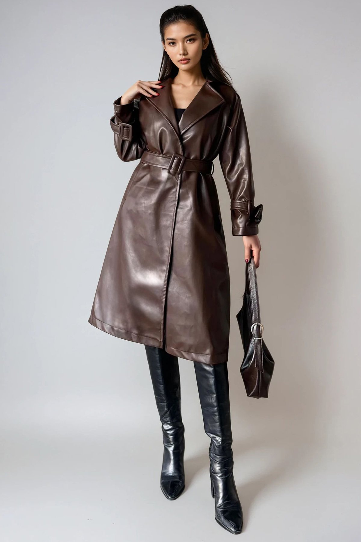 Kadın Kahverengi Kemer Detaylı Suni Deri Astarlı Trençkot Alc-X14819