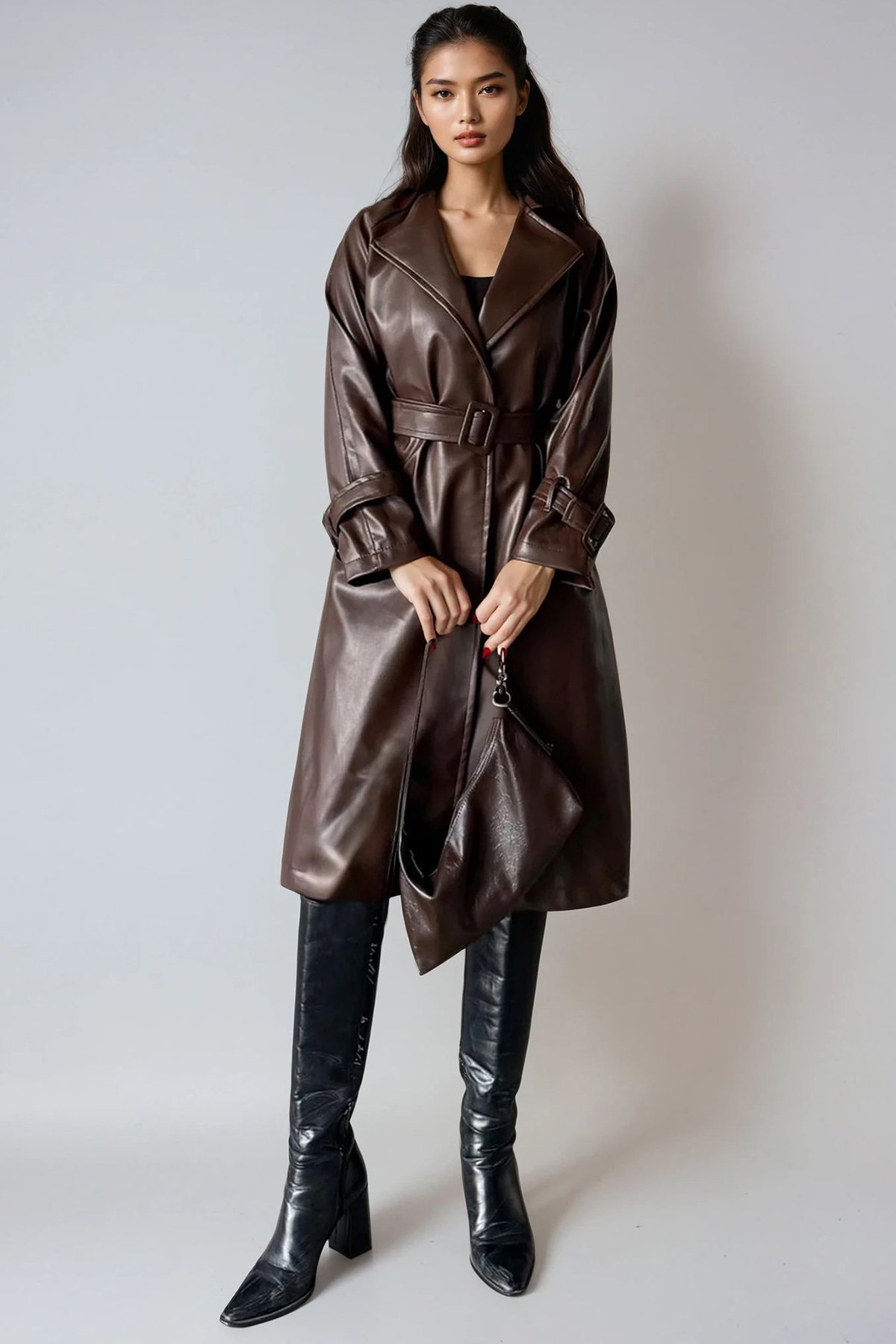 Kadın Kahverengi Kemer Detaylı Suni Deri Astarlı Trençkot Alc-X14819