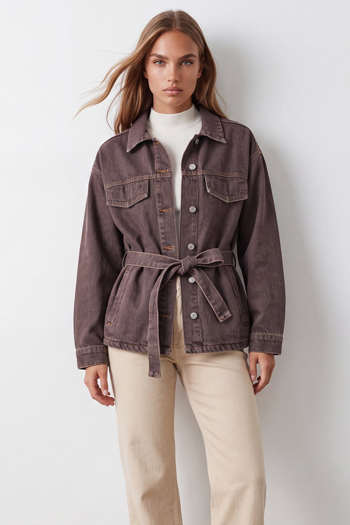 Kadın KAHVERENGİ Kuşak Detaylı Çıtçıt Kapamalı Denim Ceket ALC-X15652