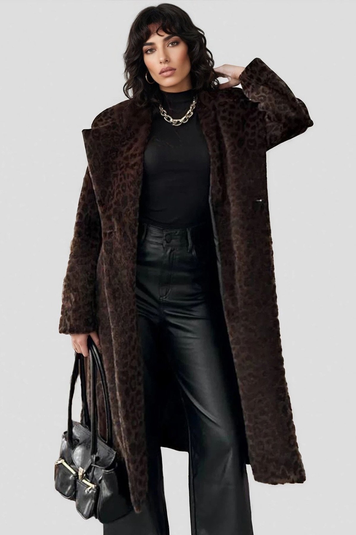 Kadın KAHVERENGİ LEOPAR DESENLİ KÜRÜK KABAN ALC-X15033