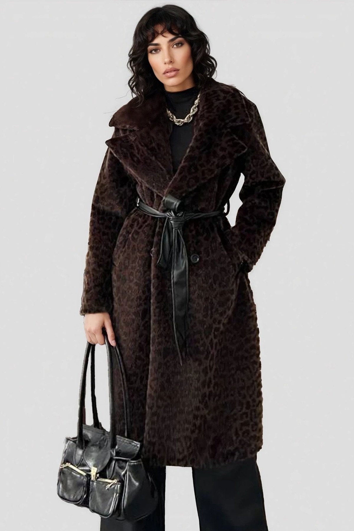 Kadın KAHVERENGİ LEOPAR DESENLİ KÜRÜK KABAN ALC-X15033