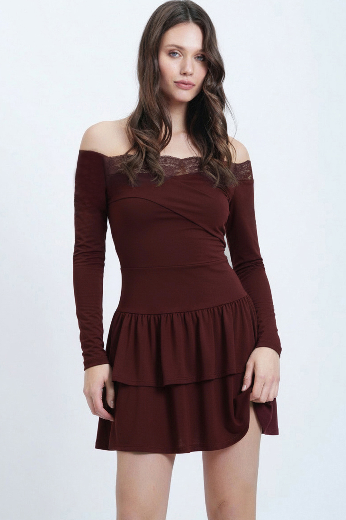 Kadın Kahverengi Madonna Yaka Dantel Detaylı Eteği Volanlı Sandy Elbise Alc-X15194