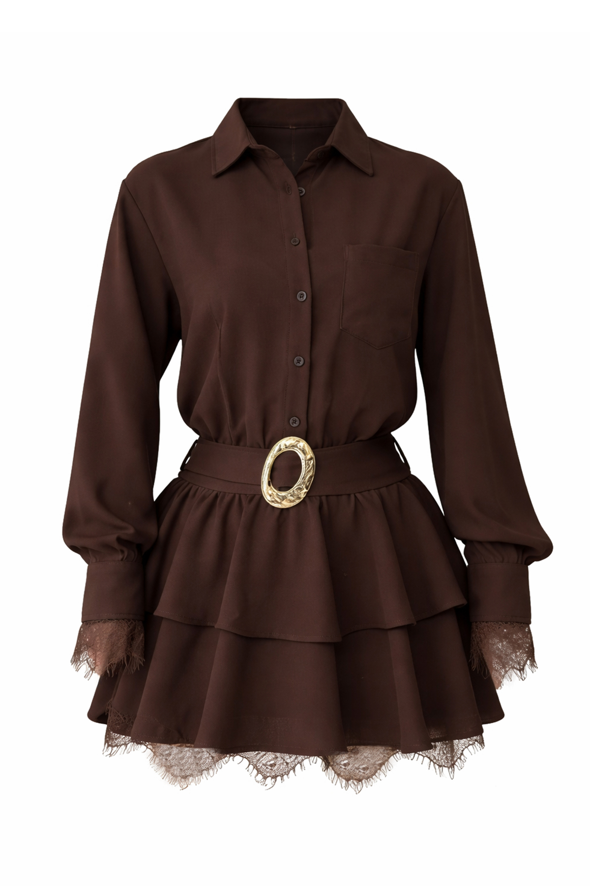 Kadın Kahverengi Tek Cepli Eteği Kat Kat Dantel Detaylı Kemerli Gömlek Elbise Alc-X15227