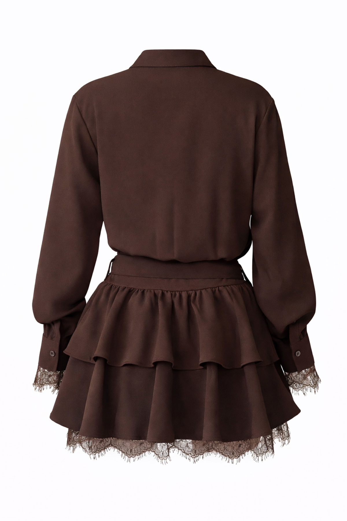 Kadın Kahverengi Tek Cepli Eteği Kat Kat Dantel Detaylı Kemerli Gömlek Elbise Alc-X15227