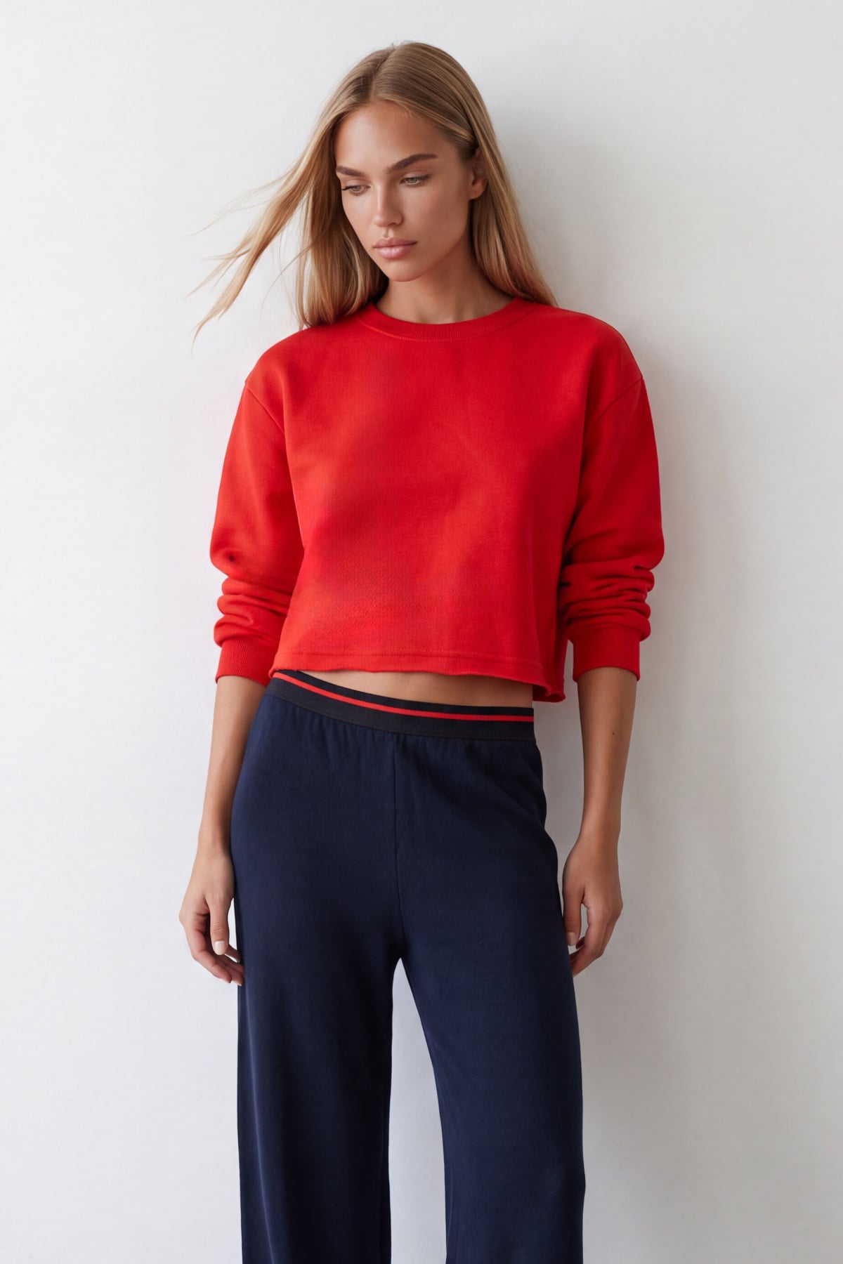 Kadın Kırmızı Bisiklet Yaka Eteği Pis Dikişli 3 İplik İçi Şardonlu Sweatshirt Alc-X15863