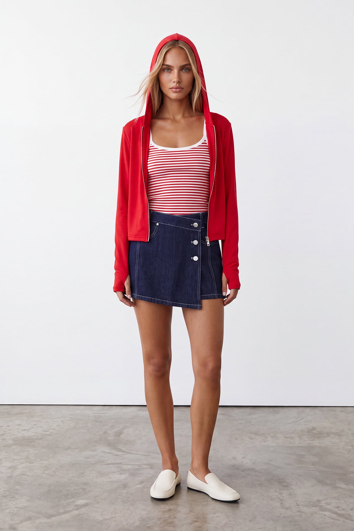 Kadın Kırmızı Çift Cepli Parmak Geçmeli Fermuarlı Kapüşonlu Modal Sweatshirt Alc-X15730