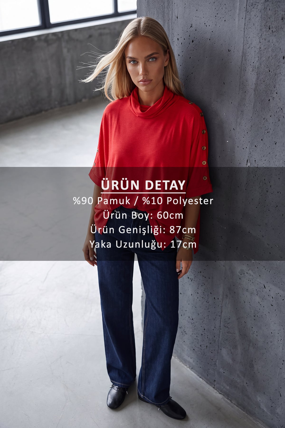 Kadın Kırmızı Dik Yaka Düğme Detaylı Örme Panço Bluz Alc-X15866