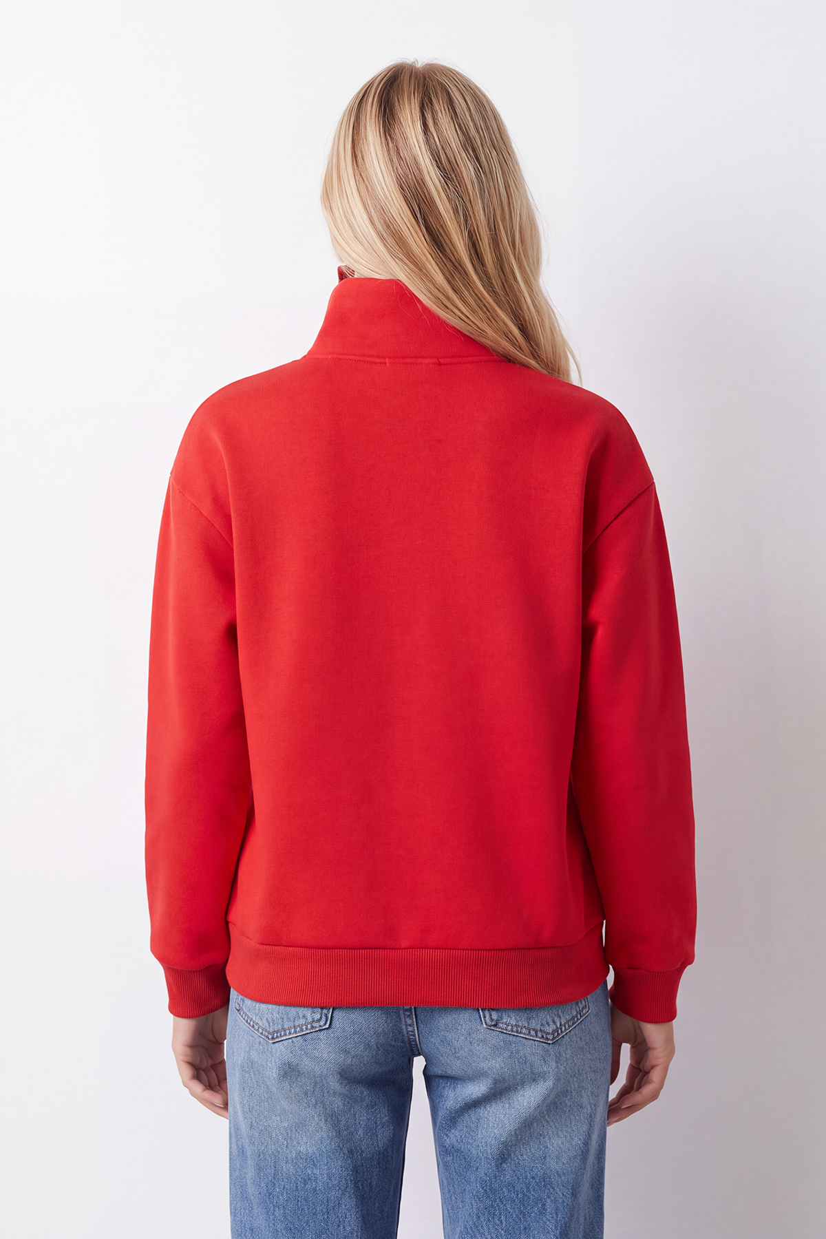 Kadın KIRMIZI Dik Yaka Fermuarlı 3 İplik İçi Şardonlu Oversize Sweatshirt ALC-X15729