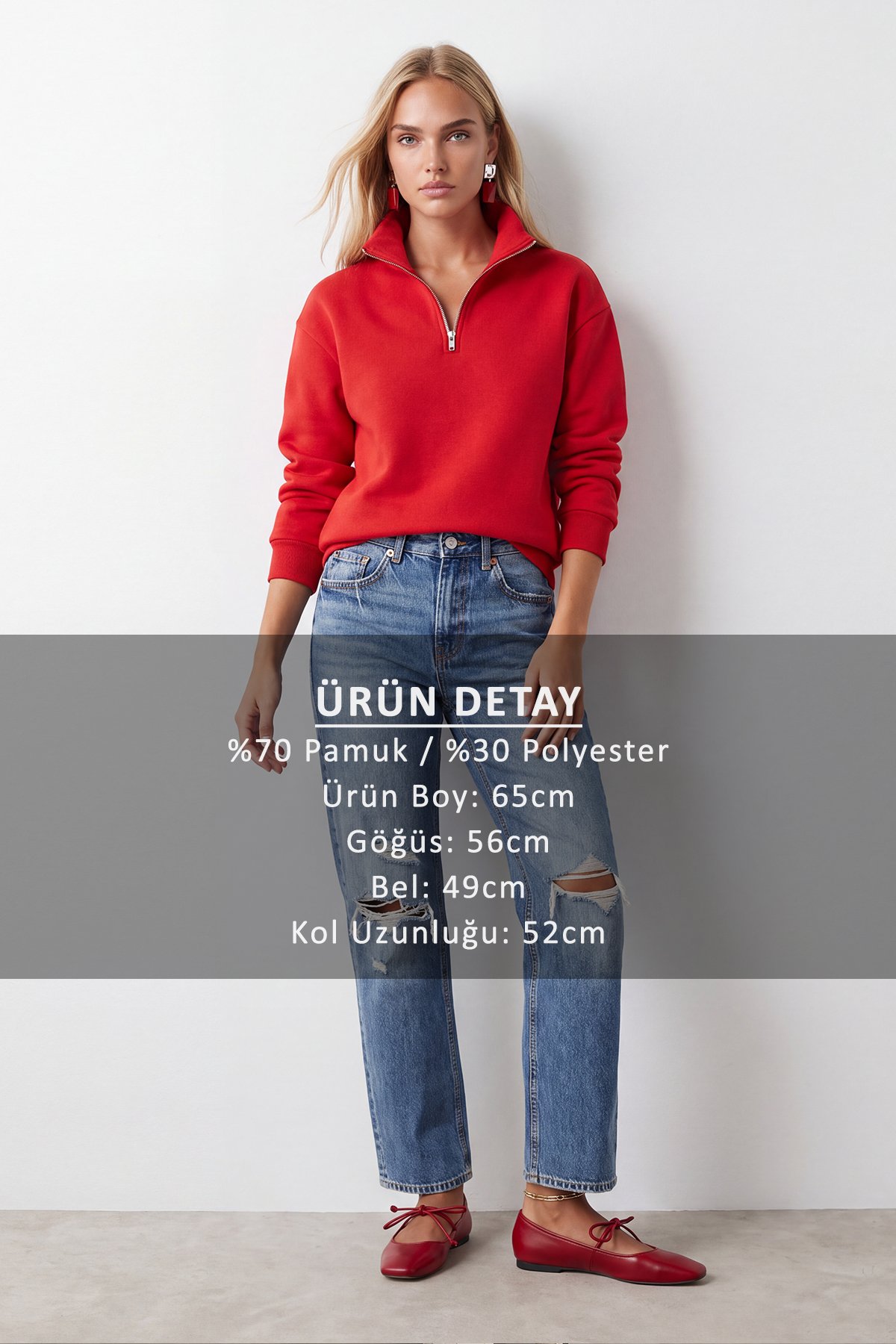 Kadın KIRMIZI Dik Yaka Fermuarlı 3 İplik İçi Şardonlu Oversize Sweatshirt ALC-X15729