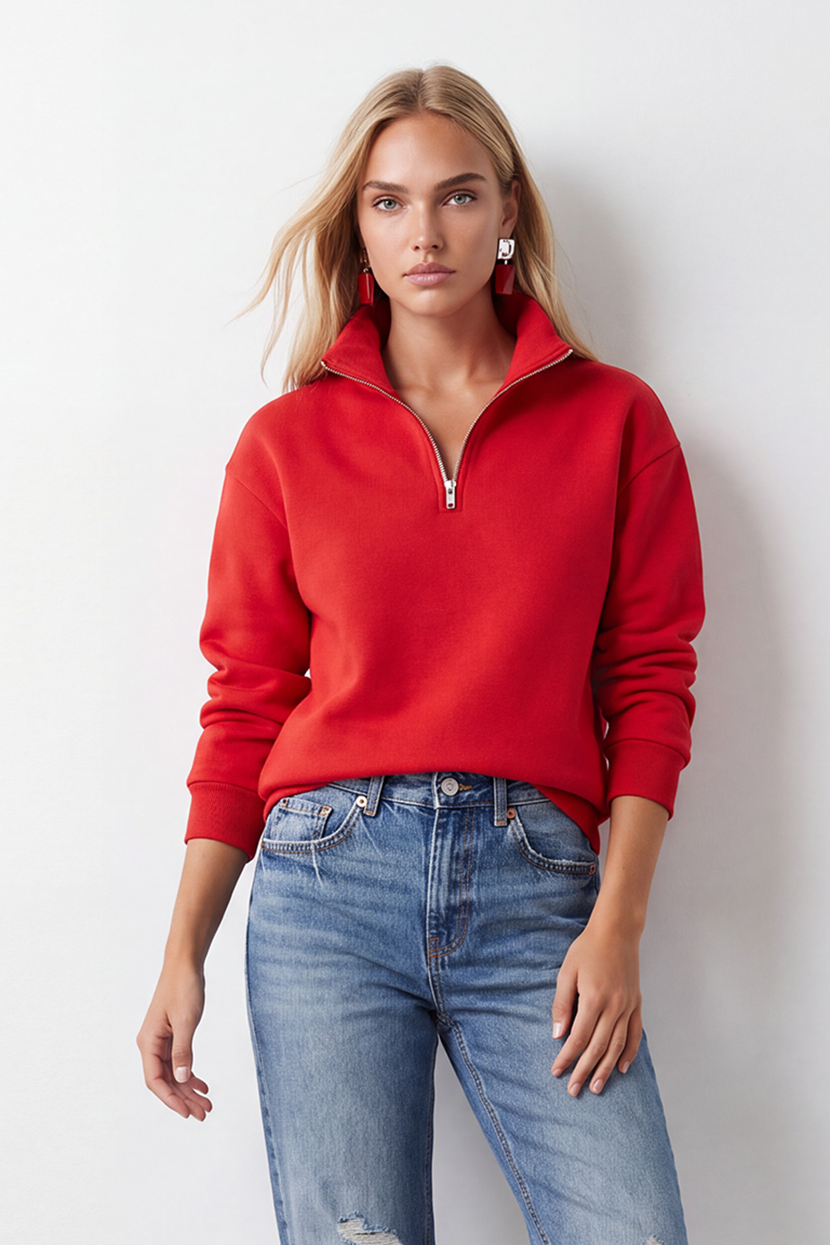 Kadın KIRMIZI Dik Yaka Fermuarlı 3 İplik İçi Şardonlu Oversize Sweatshirt ALC-X15729