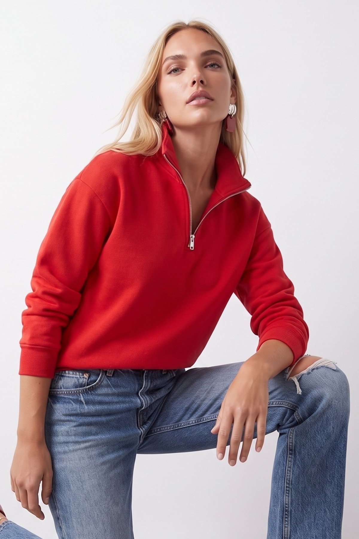 Kadın KIRMIZI Dik Yaka Fermuarlı 3 İplik İçi Şardonlu Oversize Sweatshirt ALC-X15729