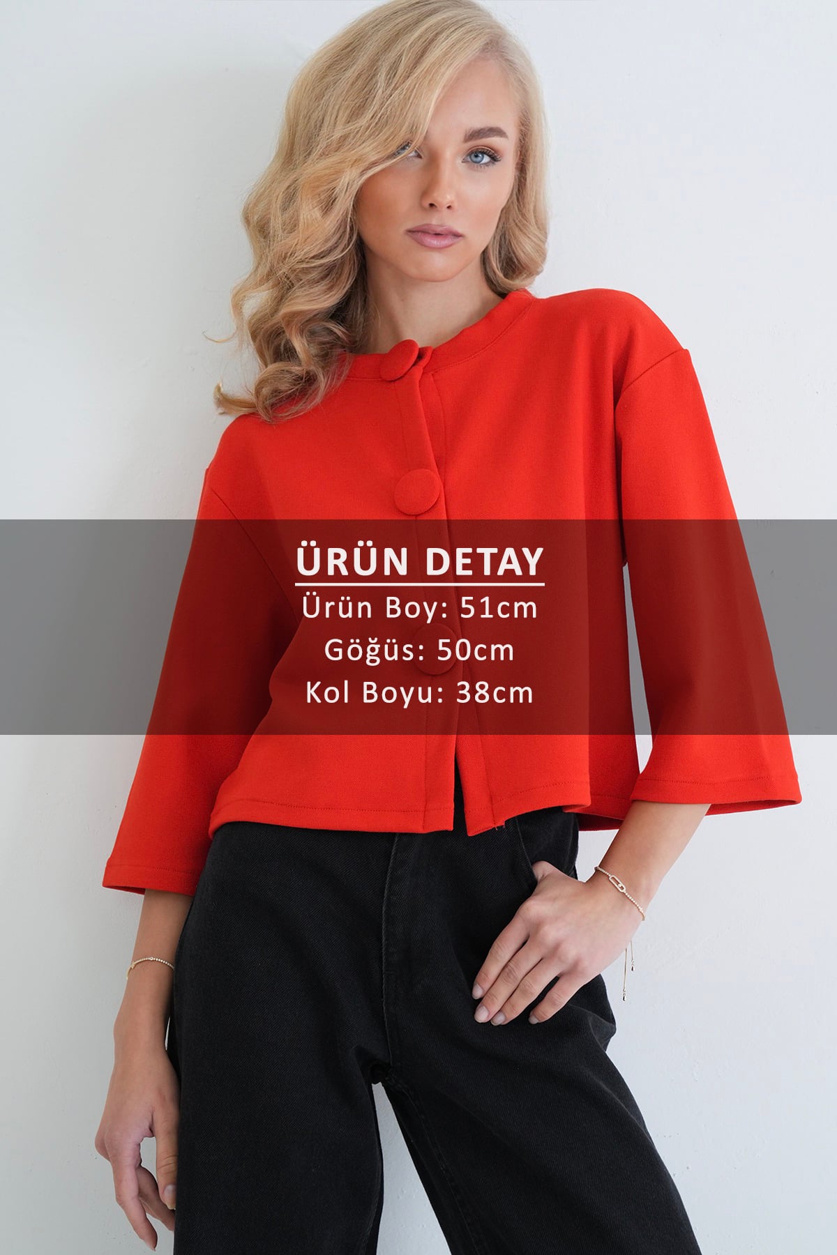 Kadın KIRMIZI KAPLAMA DÜĞMELİ BİSİKLET YAKA ÖZEL TASARIM CROP CEKET ALC-X14647
