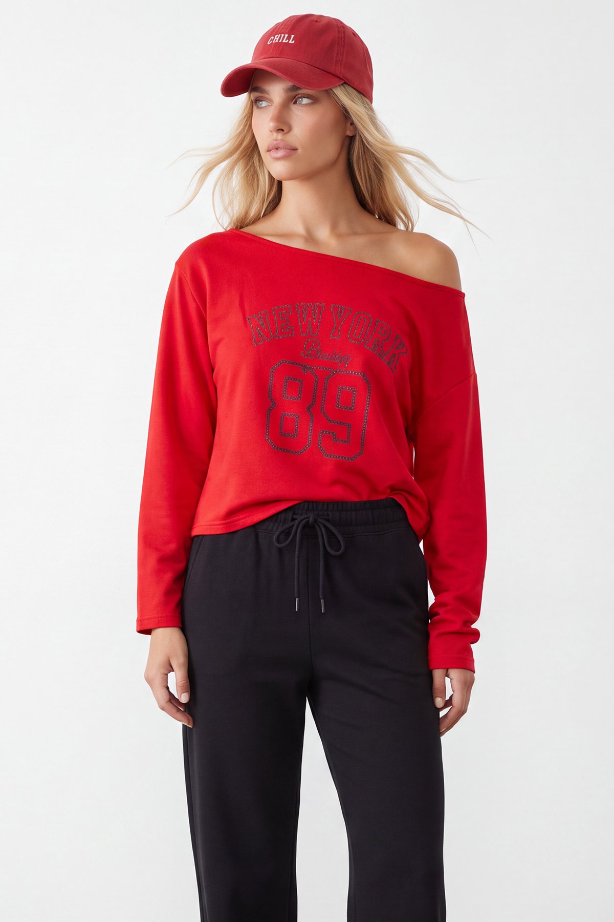 Kadın Kırmızı Kayık Yaka Baskılı Modal Sweatshirt Alc-X15731