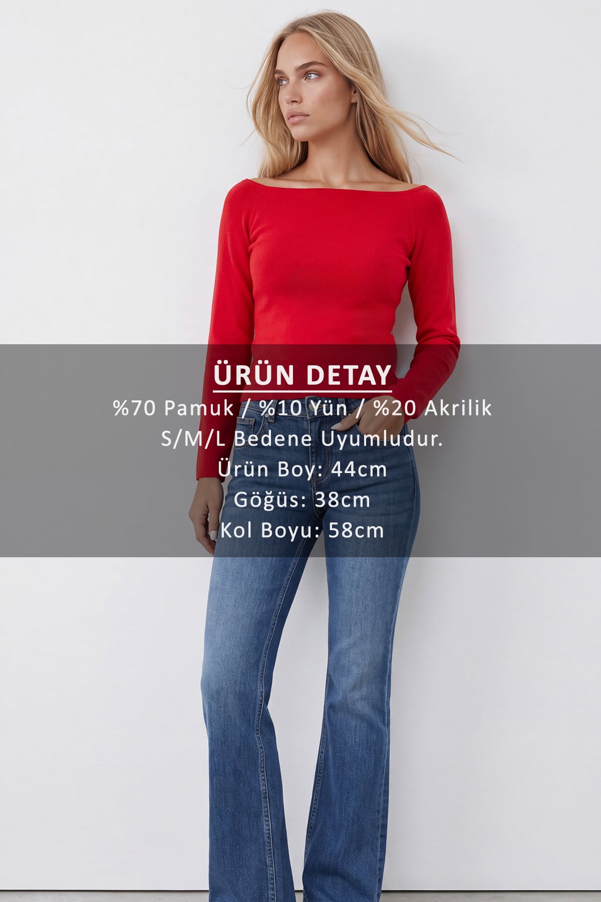 Kadın Kırmızı Kayık Yaka  Crospan  Yün Karışımlı Triko Bluz Alc-X15766