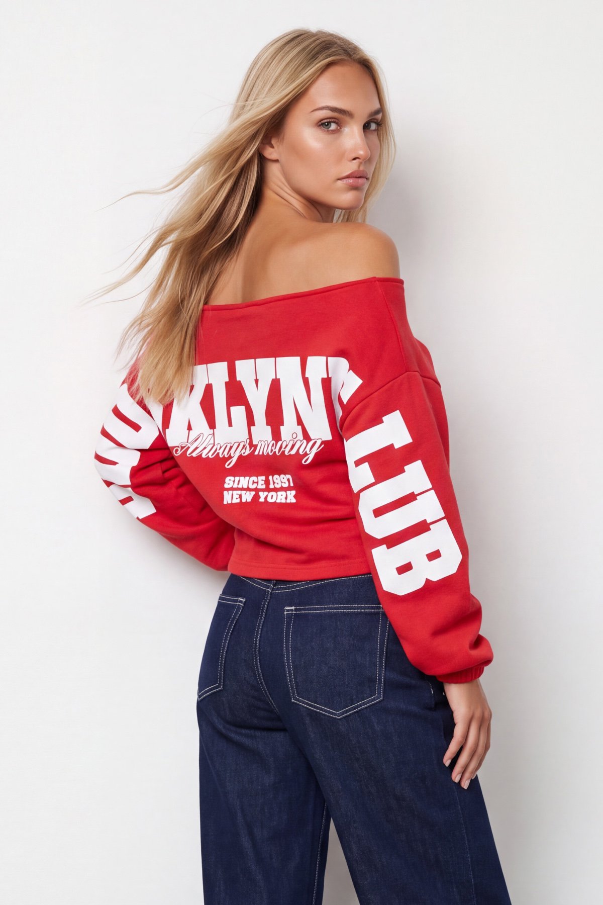 Kadın Kırmızı Kayık Yaka Ön Arka Baskılı Dırape Detaylı Üç İplik Sweatshirt Alc-X15959