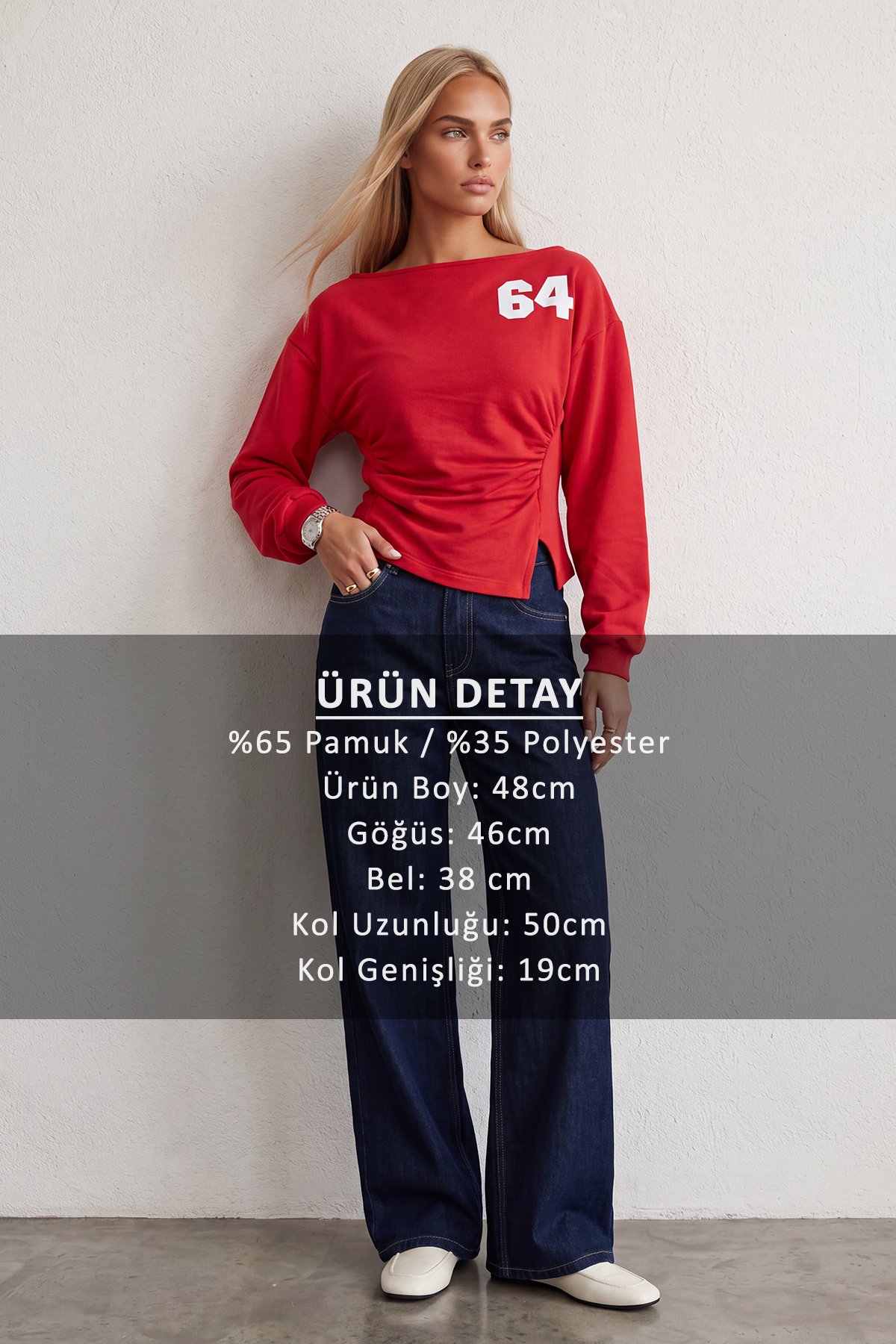 Kadın Kırmızı Kayık Yaka Ön Arka Baskılı Dırape Detaylı Üç İplik Sweatshirt Alc-X15959