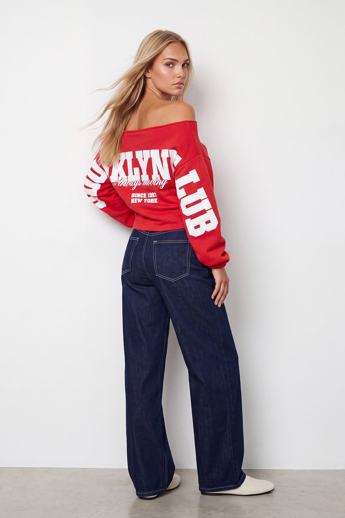 Kadın Kırmızı Kayık Yaka Ön Arka Baskılı Dırape Detaylı Üç İplik Sweatshirt Alc-X15959