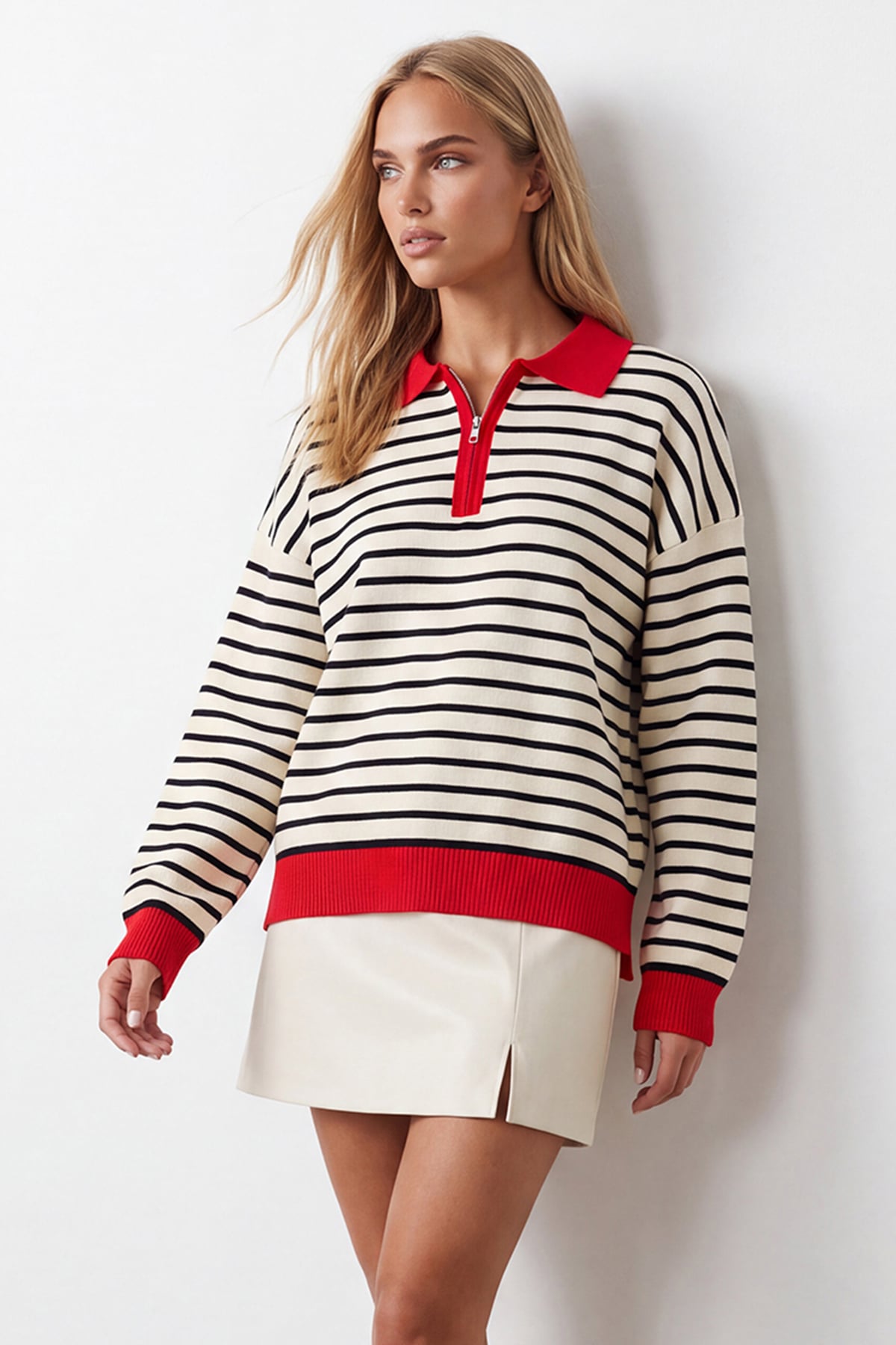 Kadın Kırmızı Renkli Yakalı Fermuarlı Kazak Alc-X15899